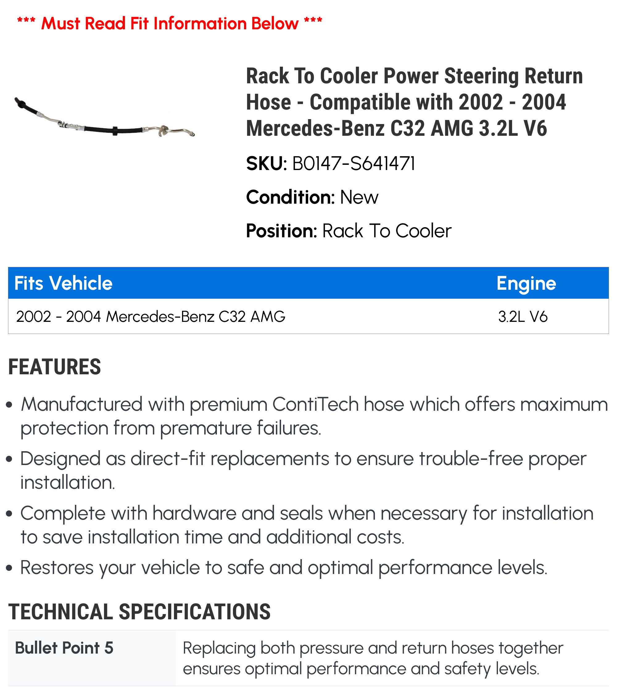 Rack To Cooler Power Steering Return Hose - Compatible with 2002 - 2004 Mercedes-Benz C32 AMG 3.2L V6 2003