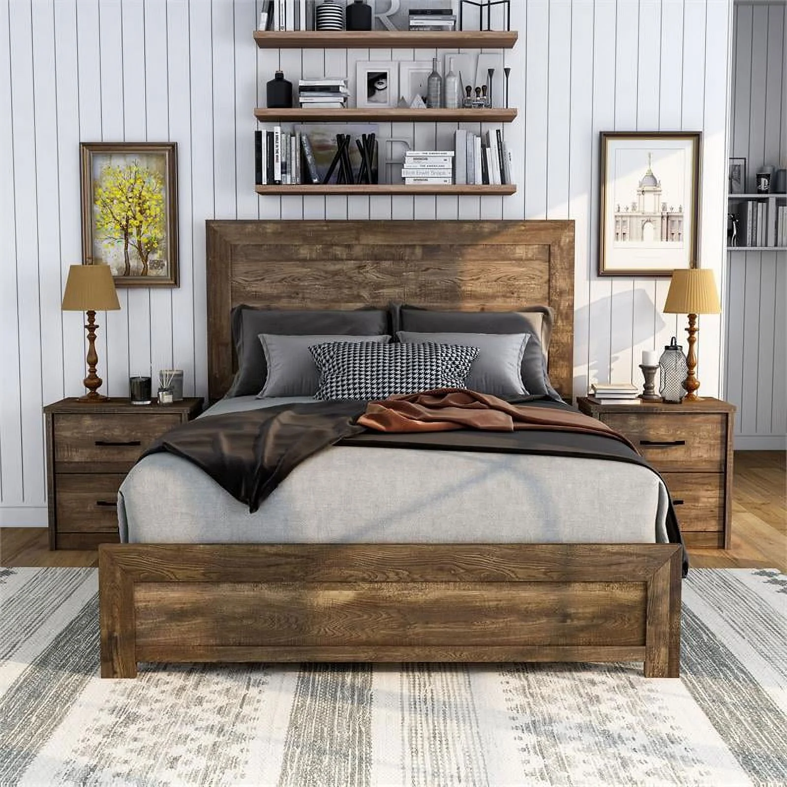 Bowery Hill 3pc Farmhouse Wood Bedroom Set - Queen + 2 Nightstand in Walnut