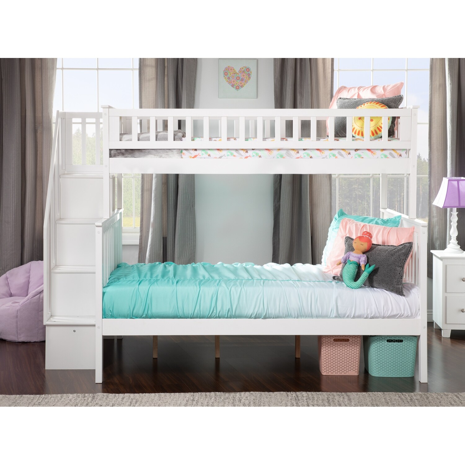 AFI Woodland Staircase Bunk Bed Twin over Full in White