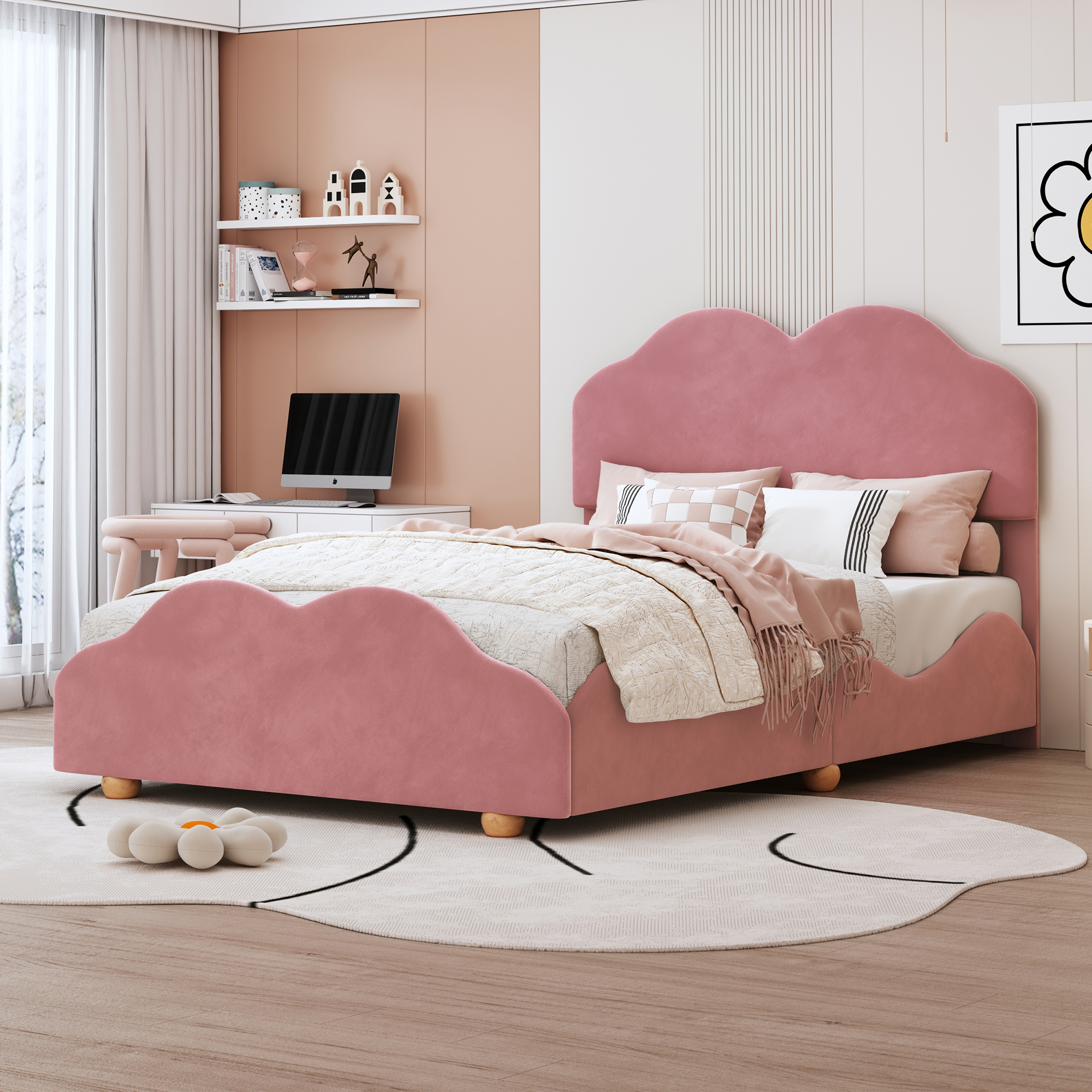 Full Size Bed Frame with Cloud-Shaped Headboard - Stylish Upholstered Platform Bed for Full Size Beds-Dark Pink