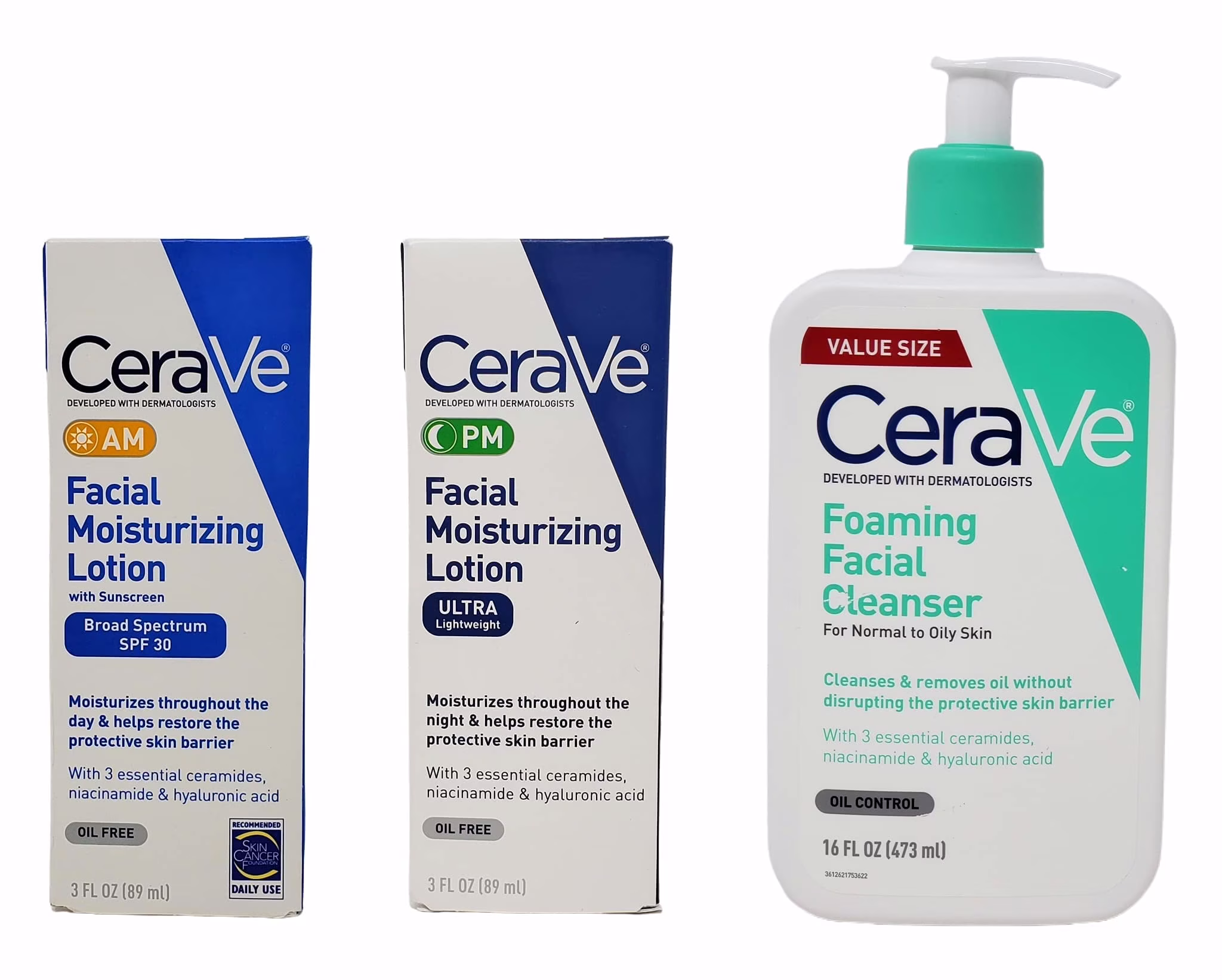 Cerave Daily Skincare Facial Bundle - Foaming Facial Cleanser (16 Oz), AM Facial Moisturizing Lotion With Sunscreen (3 Oz), and PM Facial Moisturizing Lotion (3 Oz)