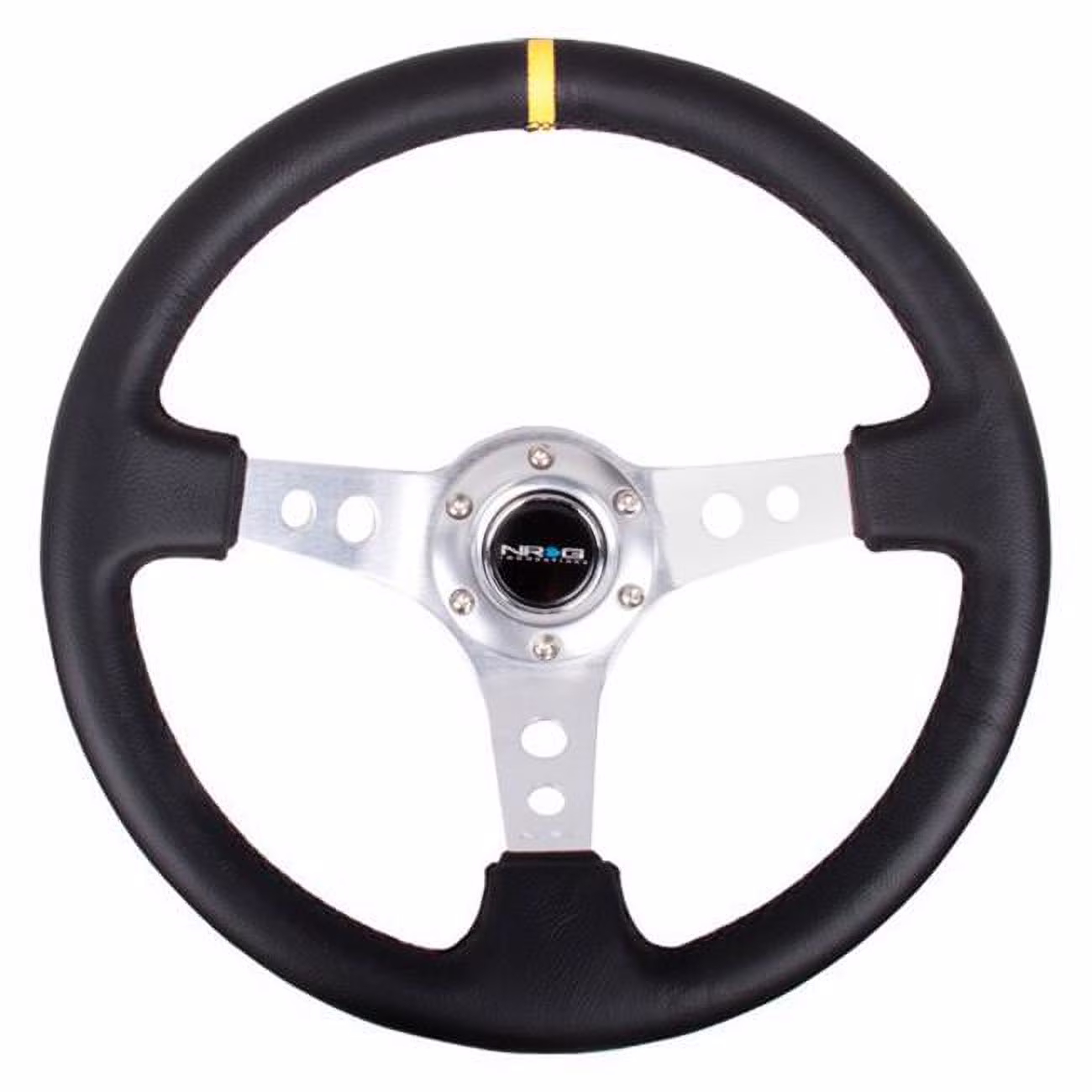 NRG  3 in. Deep 3-Spoke Black Leather Reinforced Steering Wheel with Circle Cut Spokes & Single Yellow CM