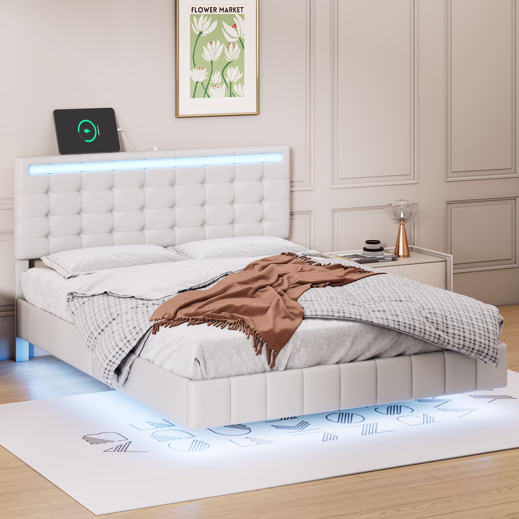 CoSoTower Full Size Floating Bed Frame with LED Lights and Usb Charging,Modern Upholstered Platform LED Bed Frame,White(Full)