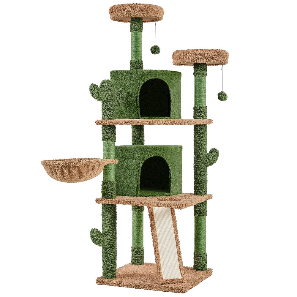 Alden Design 66″ H Multi-Level Cactus Cat Tree with Natural Sisal for Small/Medium Cats, Green/Brown