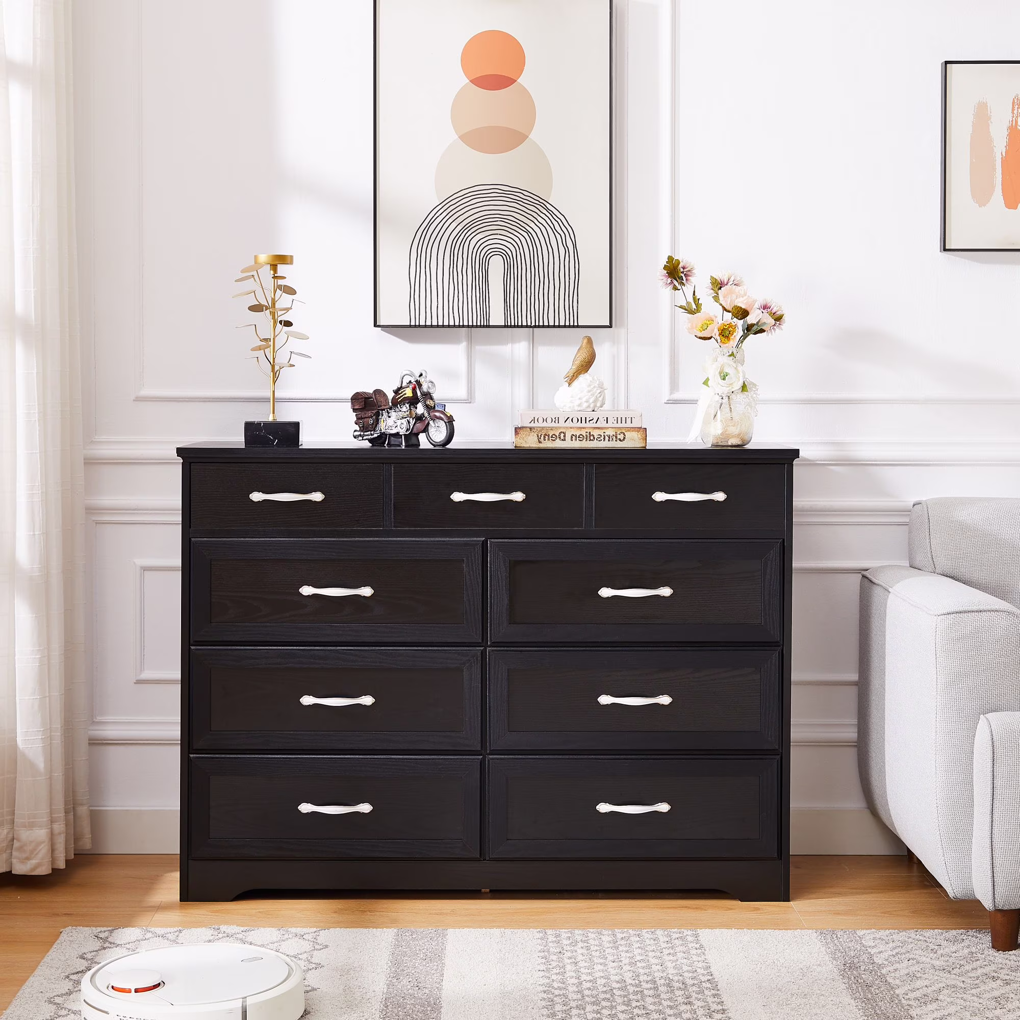 Momspeace Modern Dresser in Farmhouse Style with 9 Storage Drawers, Wooden Cabinet for Living Room and Bedroom - Black