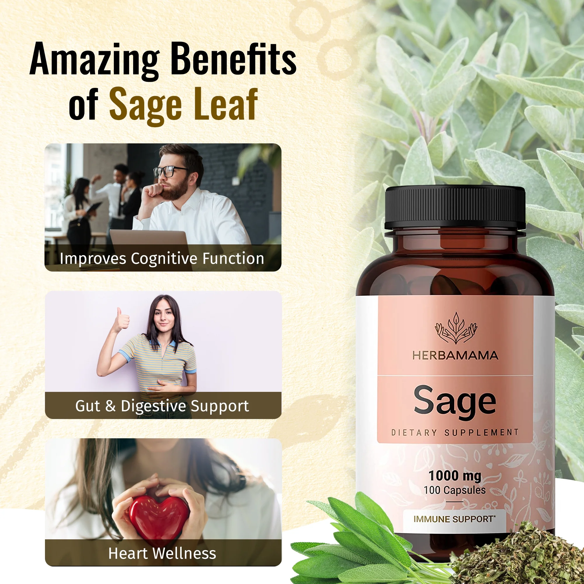 HERBAMAMA Sage Capsules - Brain Function, Immunity & Digestive Wellness, 100 Caps