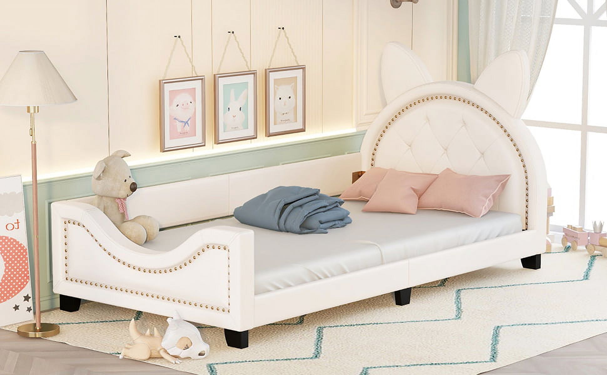 Dcenta Twin Size Upholstered Daybed with Carton Ears Shaped Headboard, White