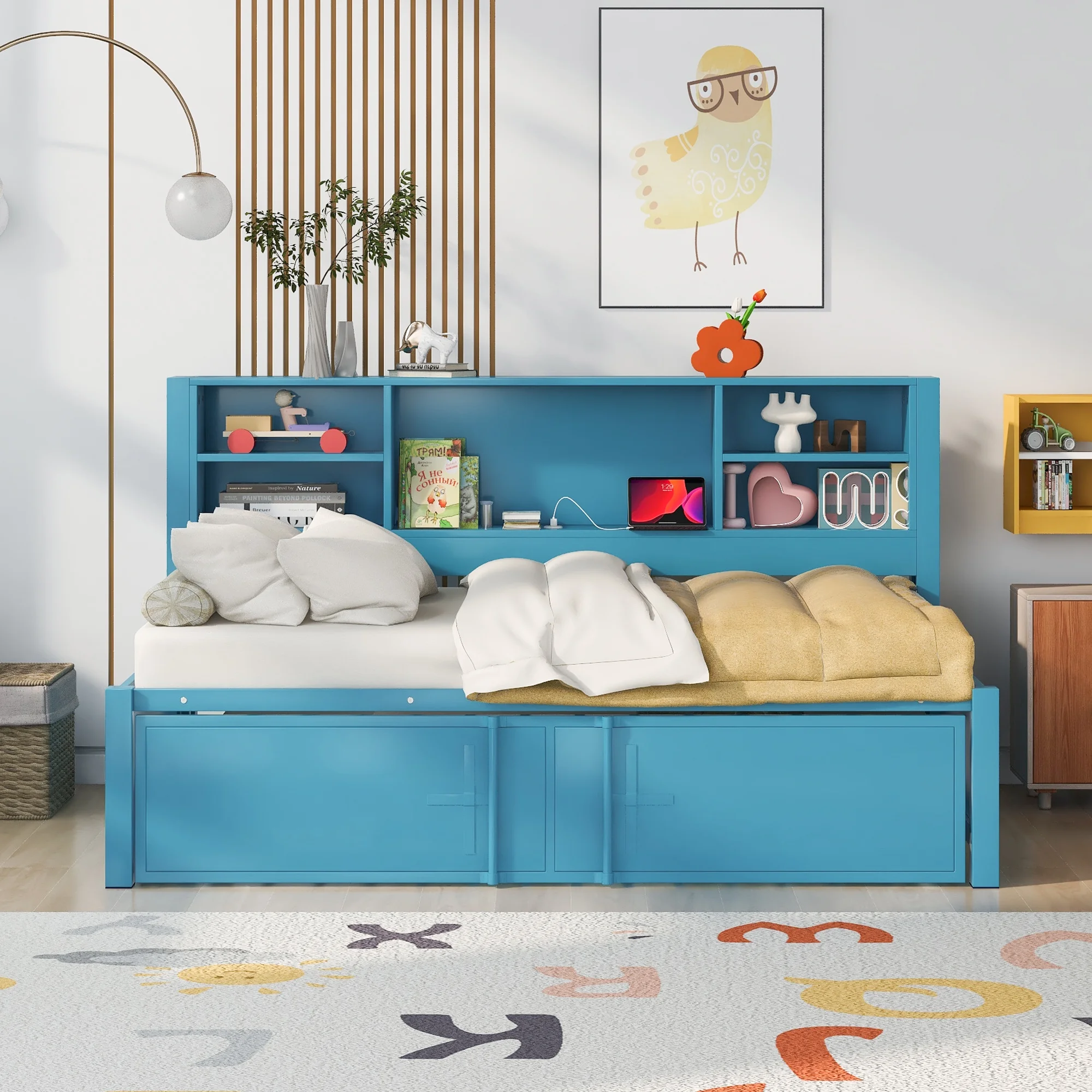 Churanty Twin Size Metal Daybed with Bookcase Headboard, Daybed with Trundle and USB Ports, Twin Captains Daybed with Storage Shelves and Metal Slats,Blue