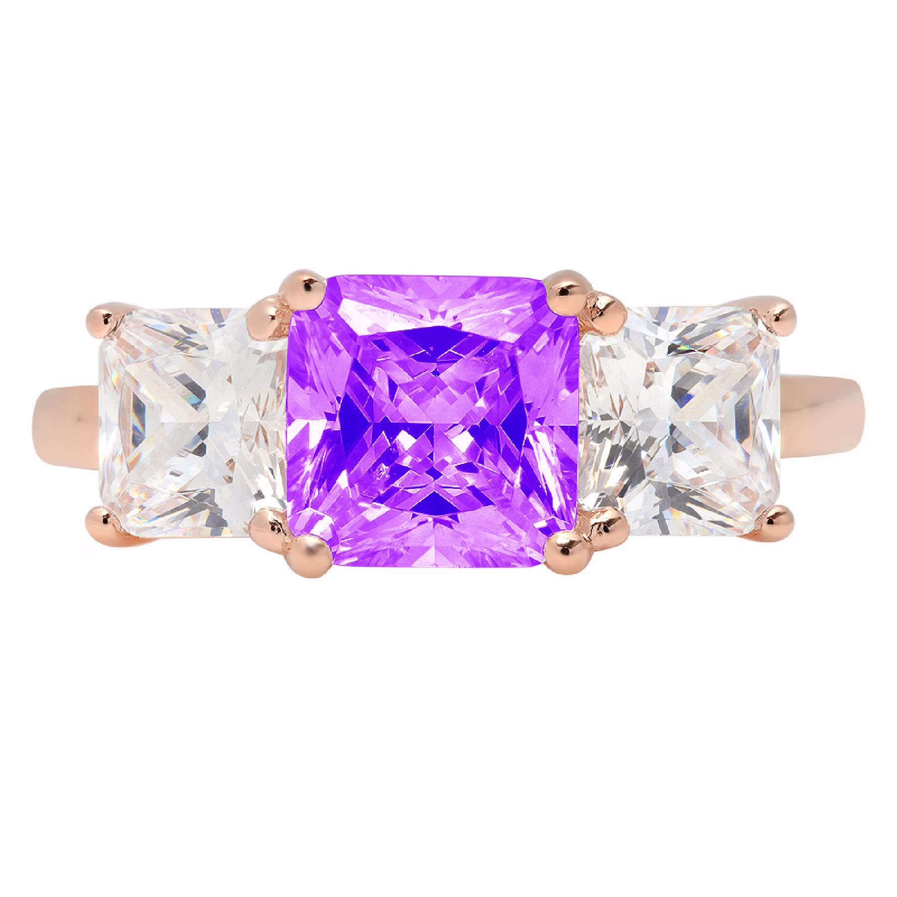 4.0 ct Brilliant Square Emerald Cut Clear Simulated Diamond 18K Rose Gold Three-Stone Ring SZ 6.75