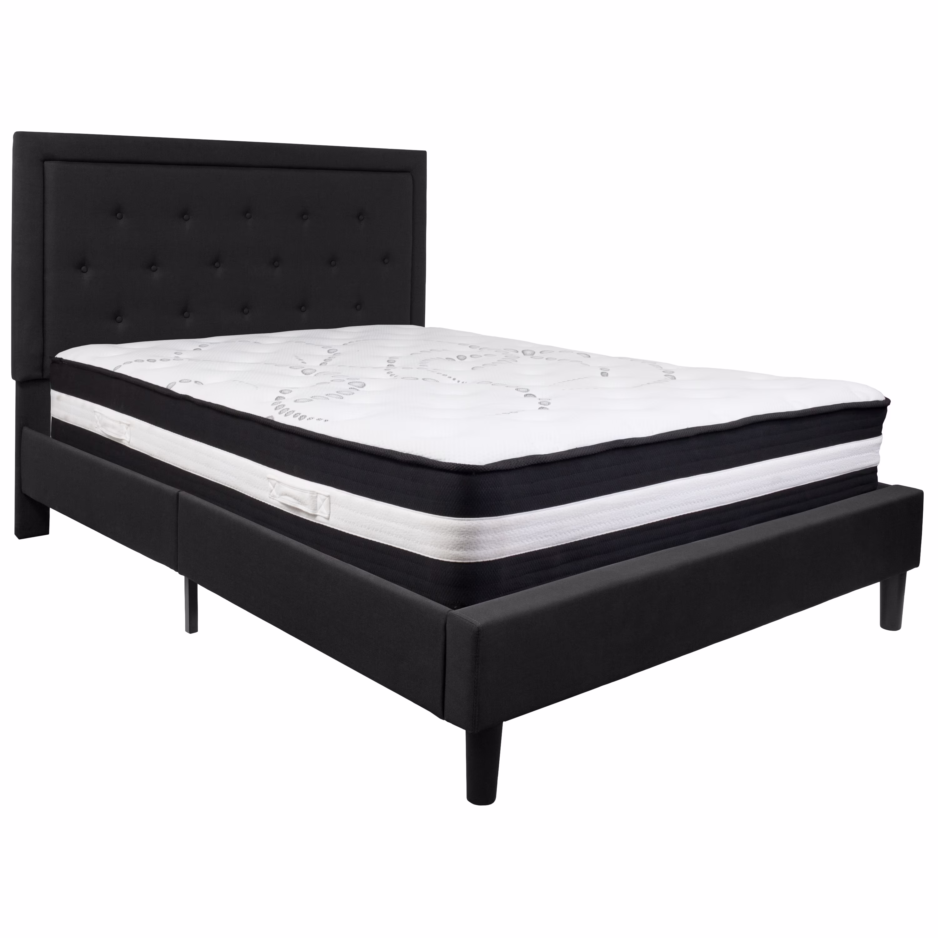 Flash Furniture Roxbury Queen Size Tufted Upholstered Platform Bed in Black Fabric with Pocket Spring Mattress