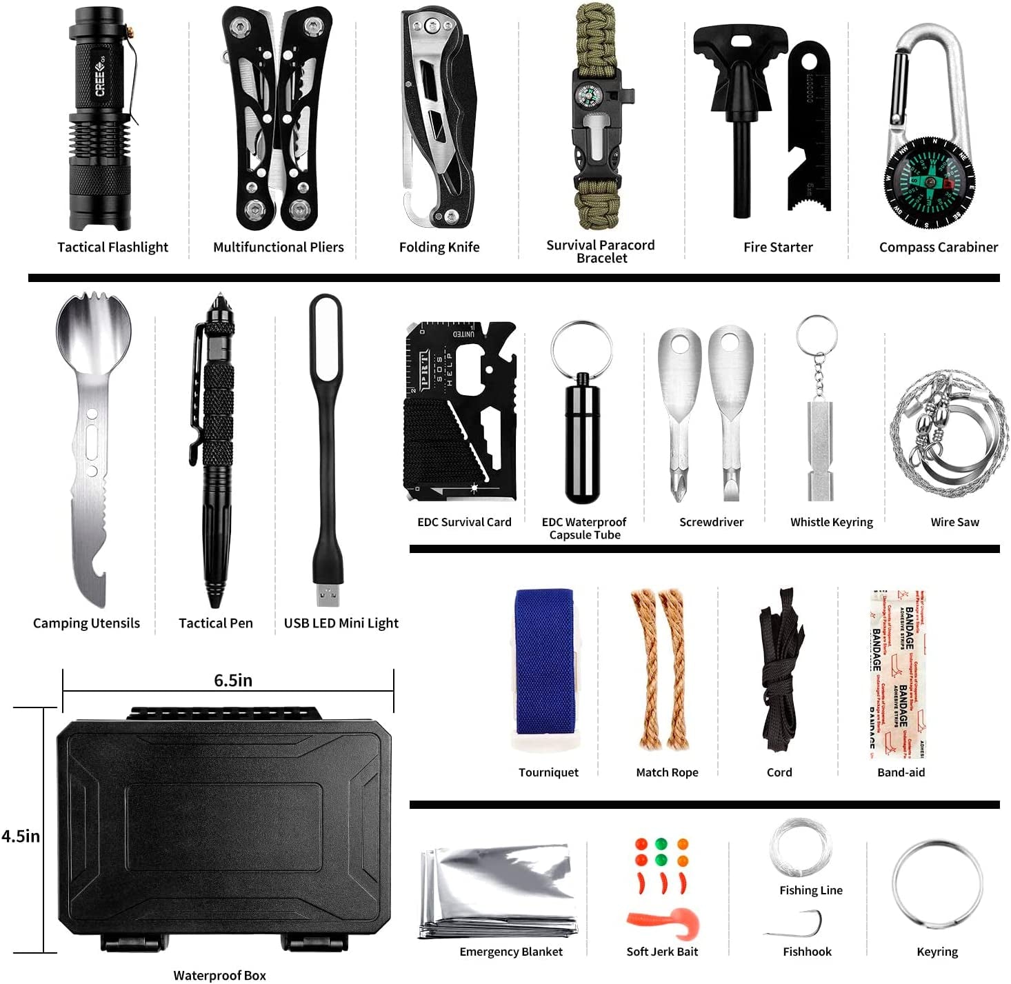 Comprehensive 60-in-1 Emergency Survival Gear Kit with Bracelet, Whistle, Flashlight, Pliers, Pen, and Wire Saw - Ideal for Camping, and Car Emergencies