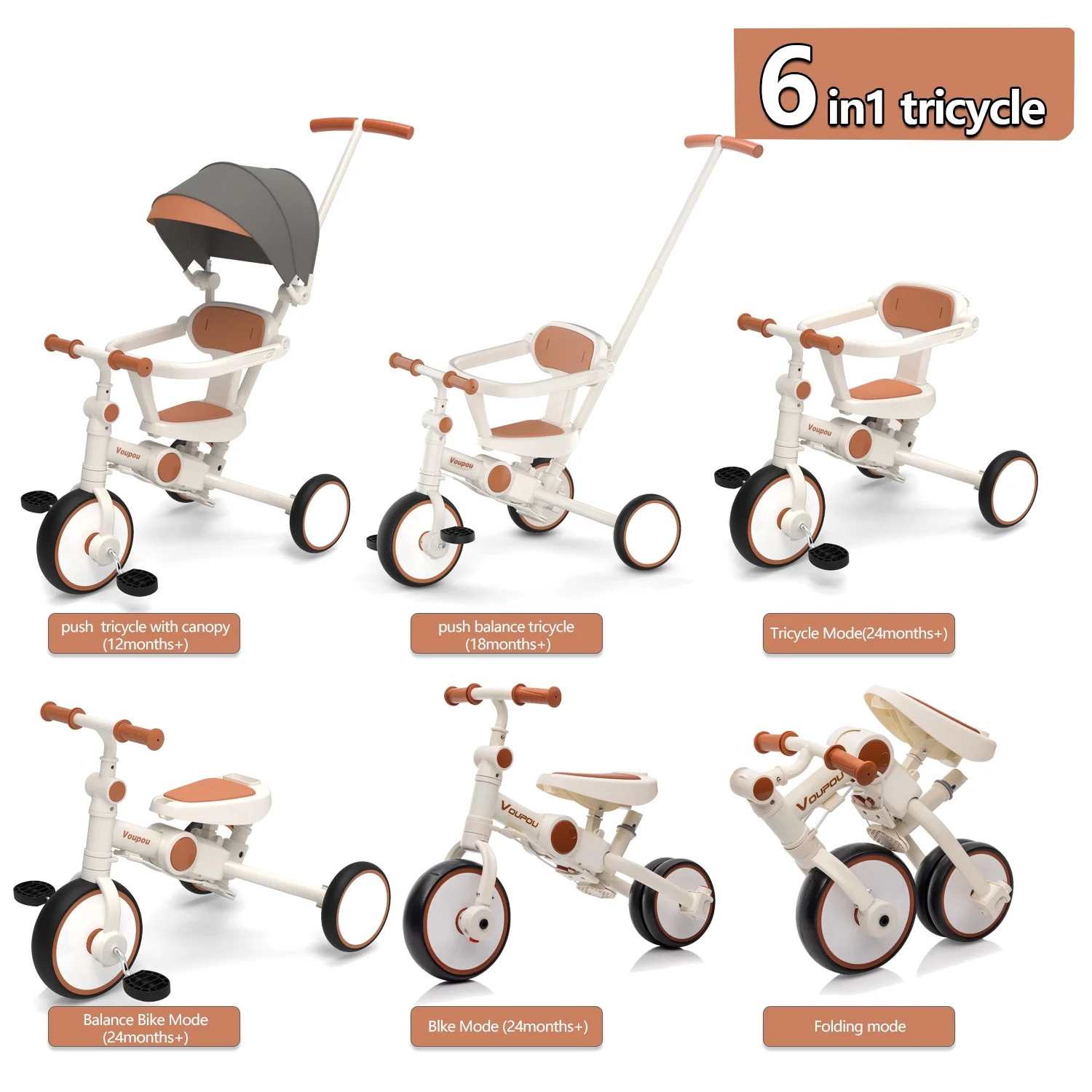 Kids Tricycle Baby Bike Balance Trike Toddler Tricycles 6 in 1 with Adjustable Seat Height Handle,Removable Pedal,Safety Harness,Comfortable Seat,Retractable Canopy and for kids1-5years (White)