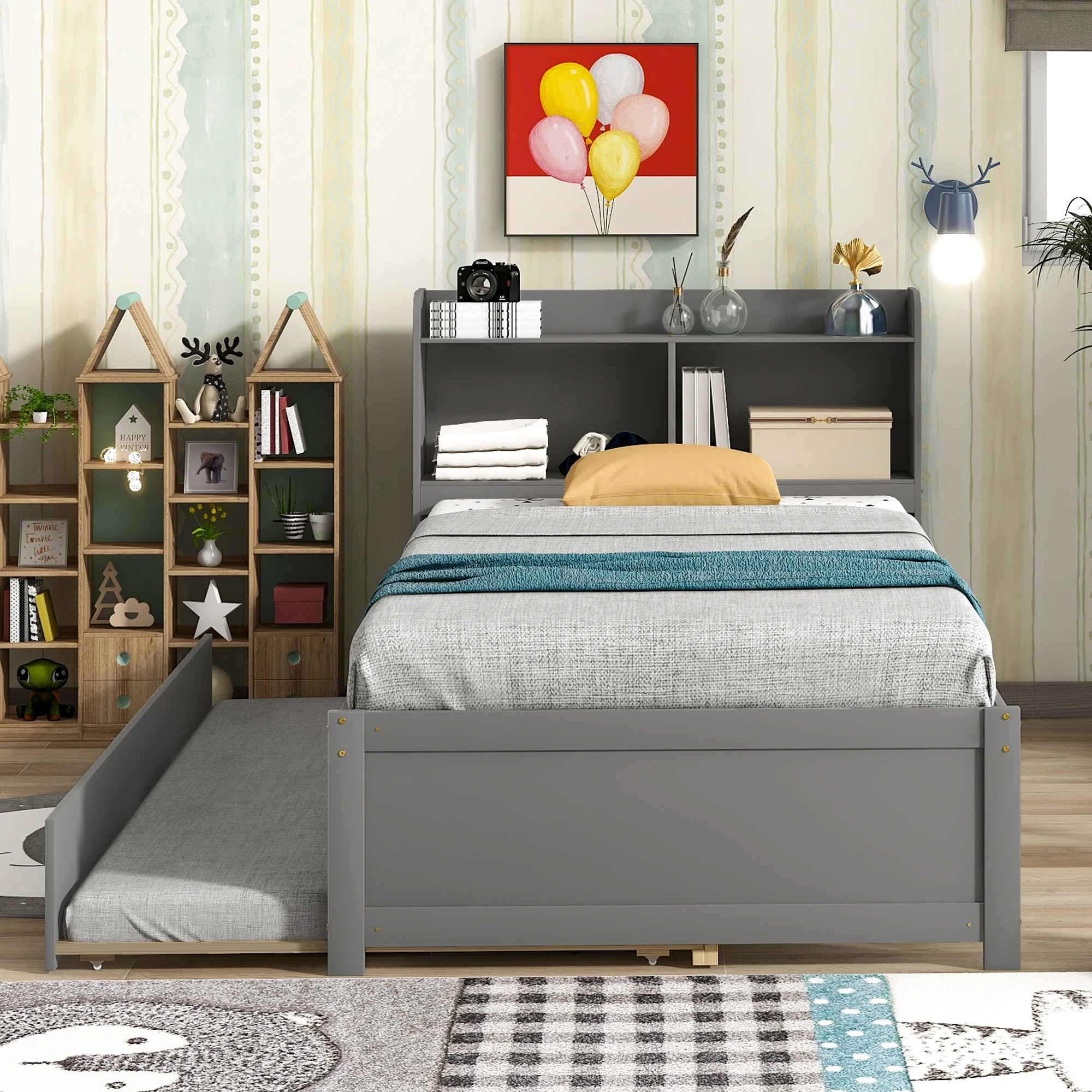 Dcenta Twin Bed with Trundle,Bookcase,Grey