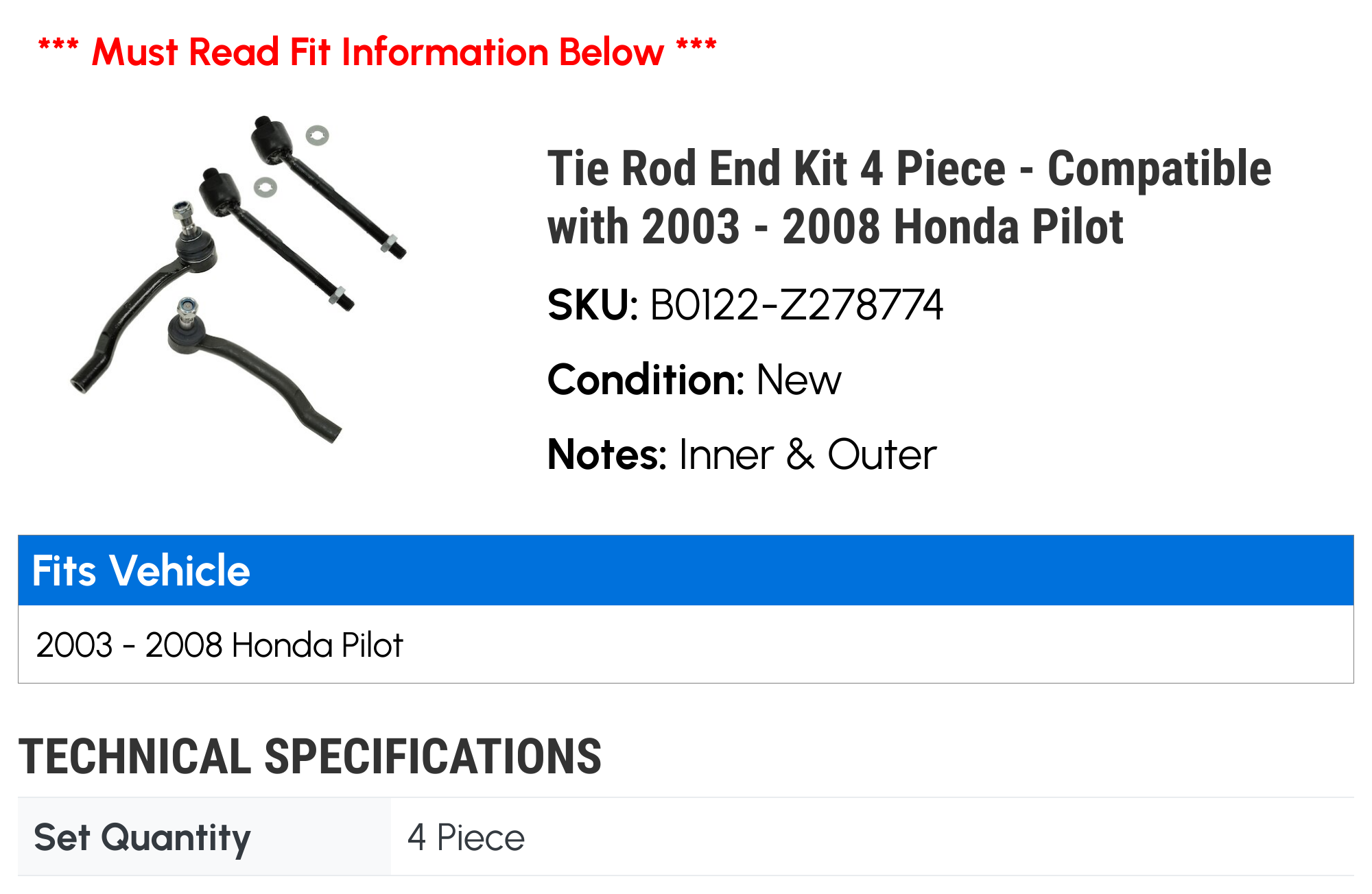 Tie Rod End Kit 4 Piece - Compatible with 2003 - 2008 Honda Pilot 2004 2005 2006 2007