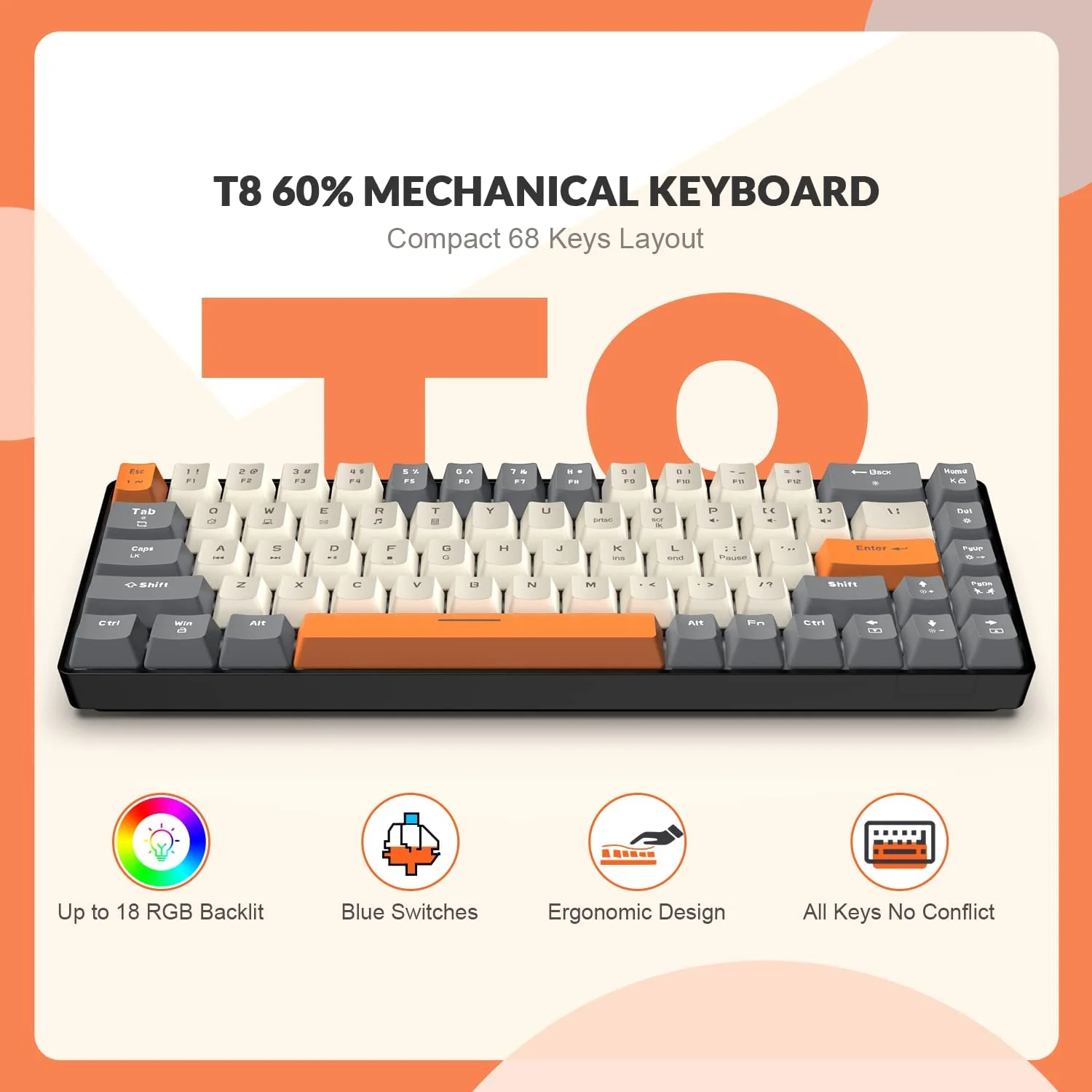 T8 Wired 68 Keys Mechanical Gaming Keyboard with Coiled Cable RGB Backlit for PC