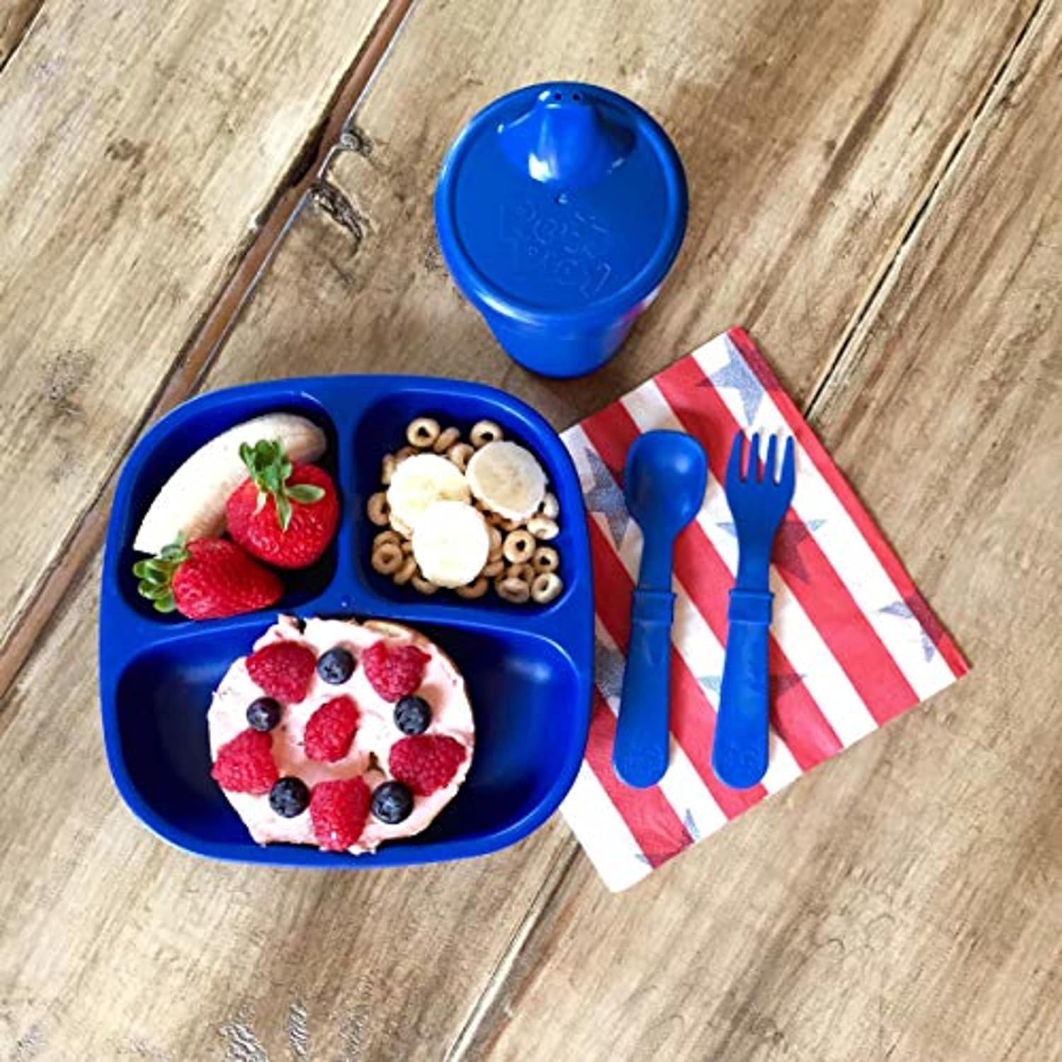 Re Play Made in USA - 3 Meals a Day Set - 3 Divided Plates, 3 Sets of Utensils - BPA Free, Made from Eco-Friendly Recycled Milk Jugs - True Blue without Bowls