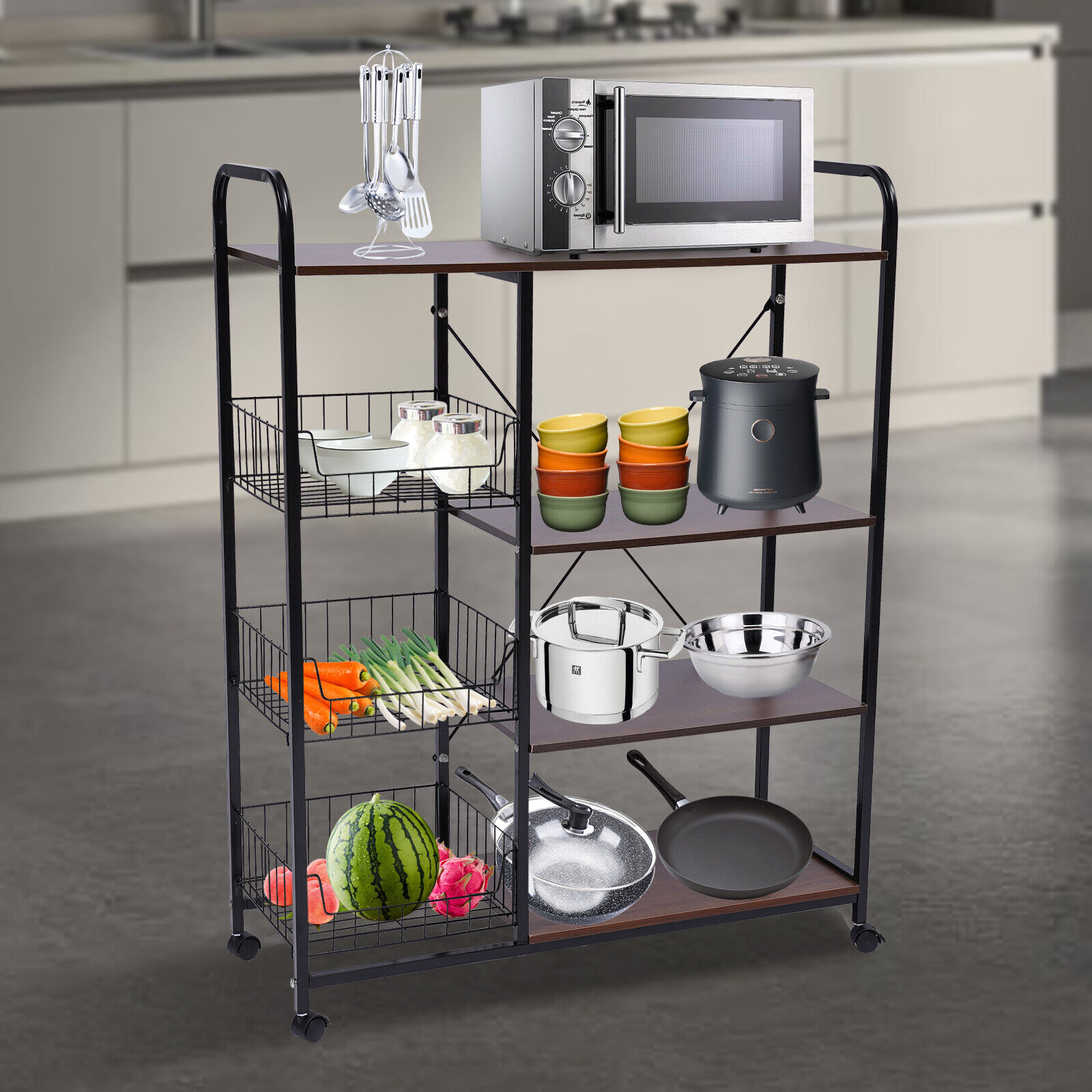 4-Tier Kitchen Storage Cart, Microwave Oven Stand Rolling Trolley Baker's Rack with Universal Wheels Utility Storage Shelf with 3 Baskets for Spices Pots Food Fruits and Vegetables