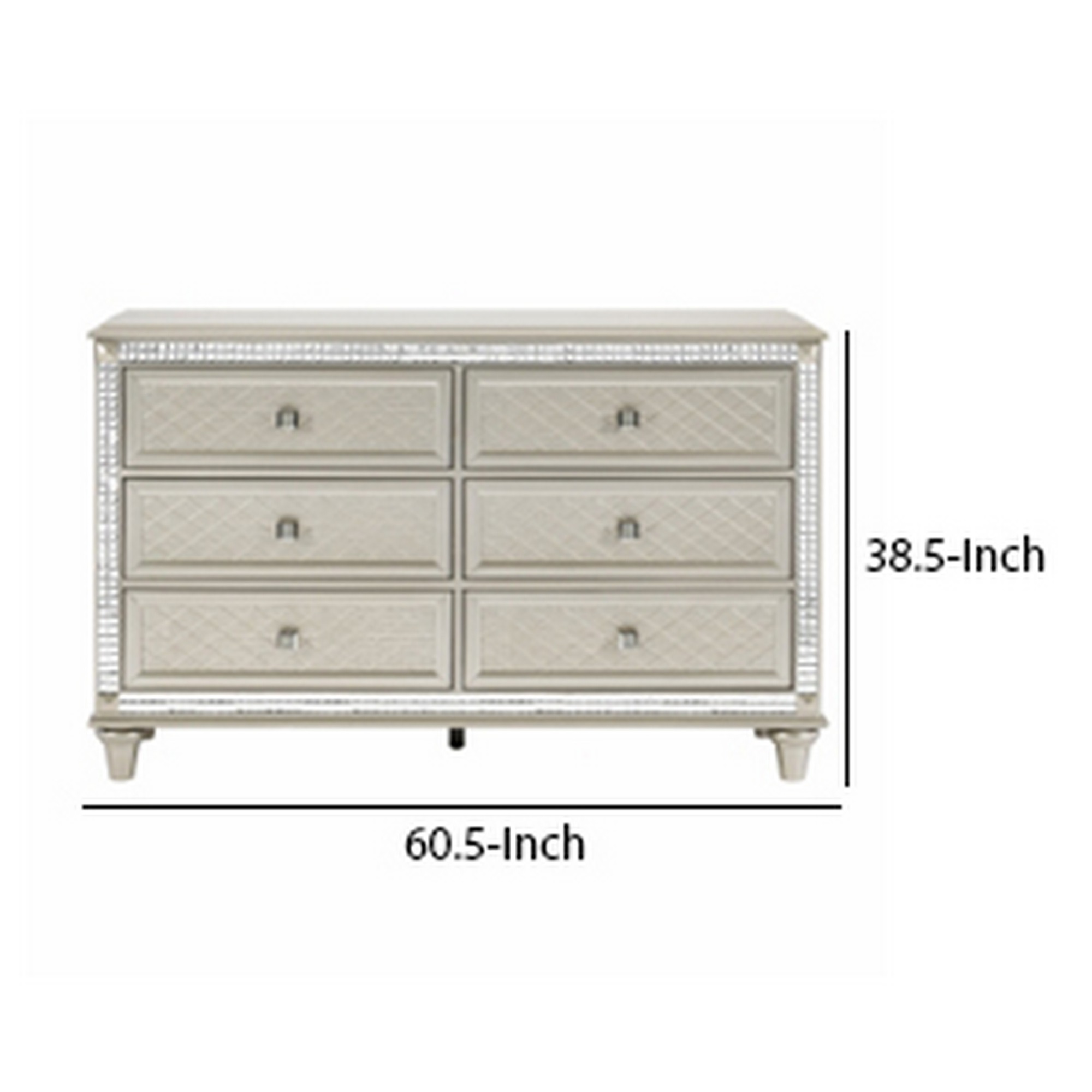 Benjara BM301066 61 in. 6 Drawers & Acrylic Crystal Accents Juhi Wide Dresser, Silver