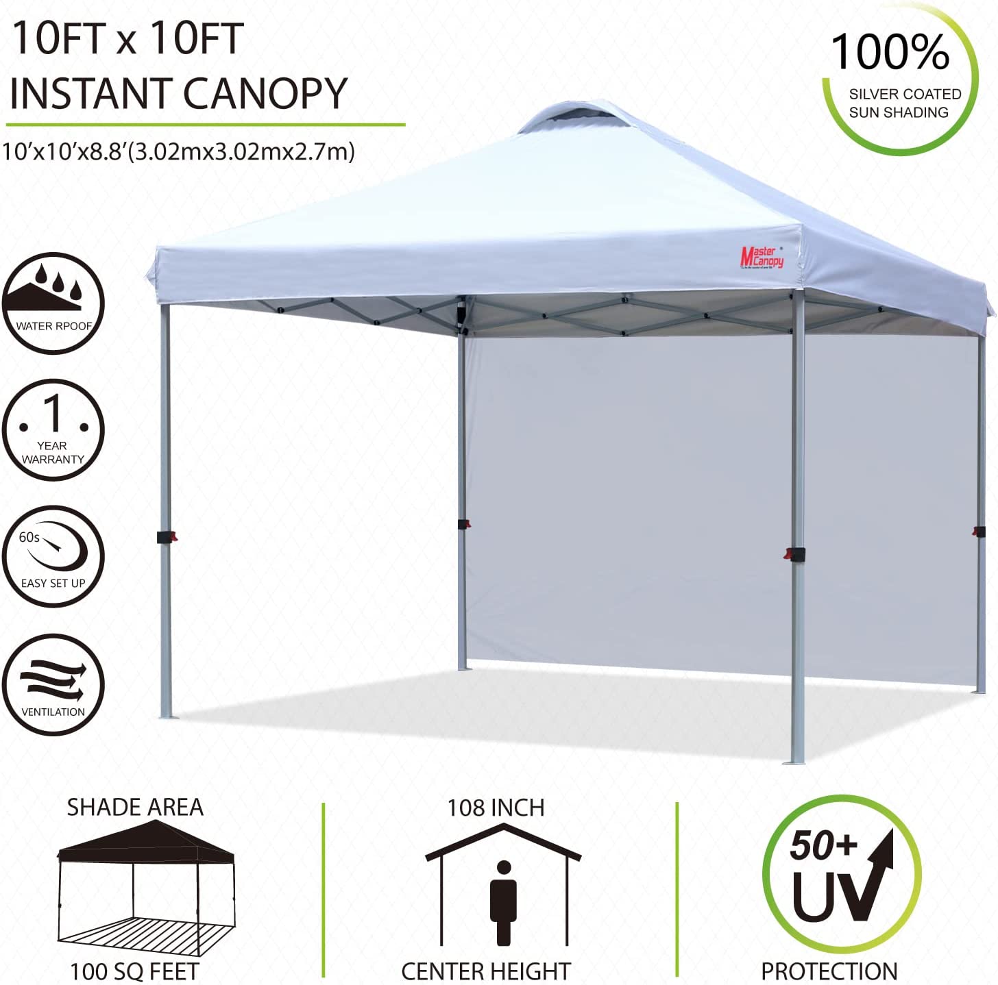 KEERDAO Durable Ez Pop-up Canopy Tent with 1 Sidewall (10'x10',White)