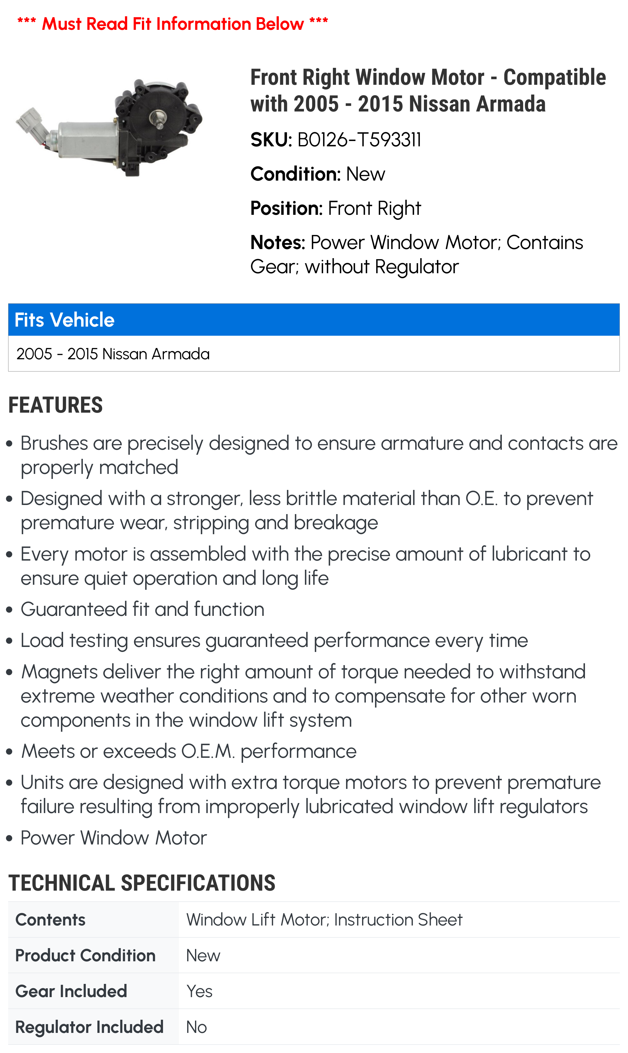 Front Right Window Motor - Compatible with 2005 - 2015 Nissan Armada 2006 2007 2008 2009 2010 2011 2012 2013 2014