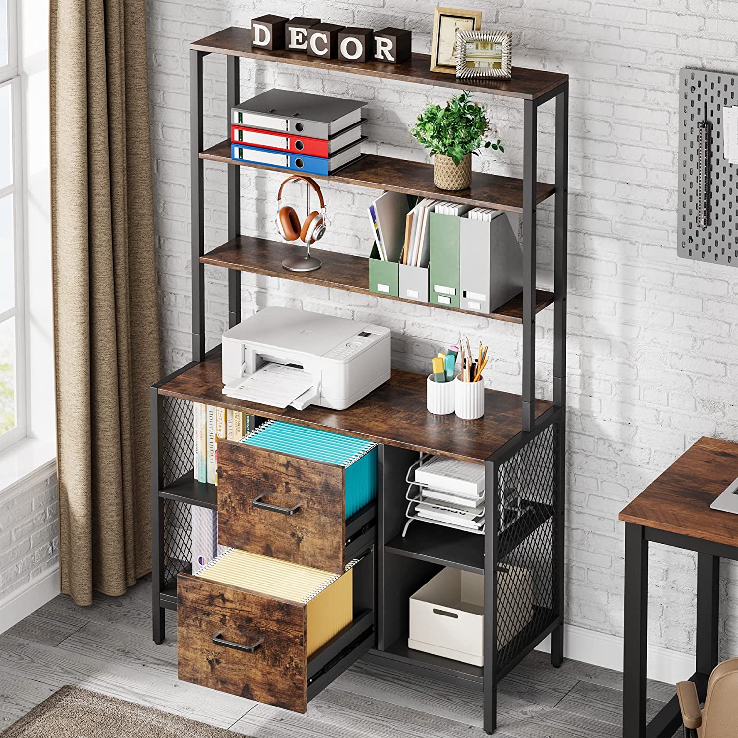 Tribesigns Bookcase with Letter Size Drawers, 6 Tier Industrial Tall Bookshelf for Home Office, Rustic Brown