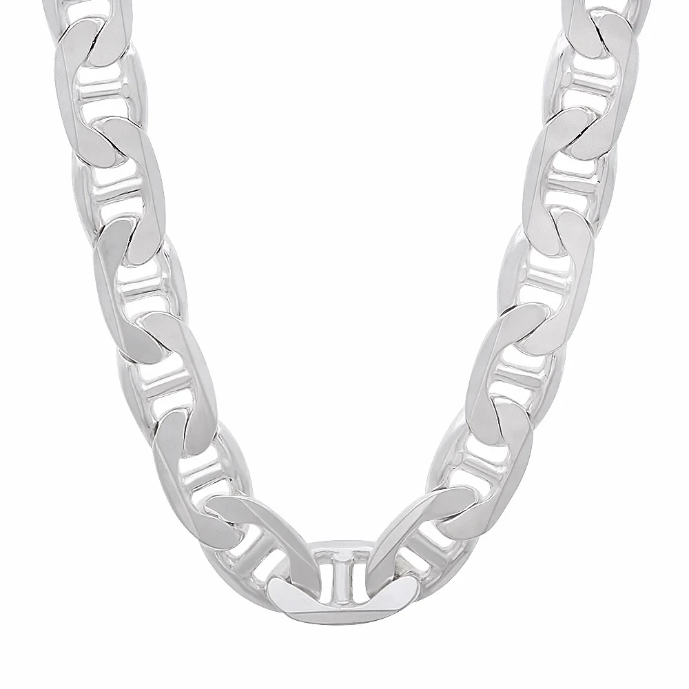 9.5mm Solid .925 Sterling Silver Flat Mariner Choker Chain Necklace, 20 inches
