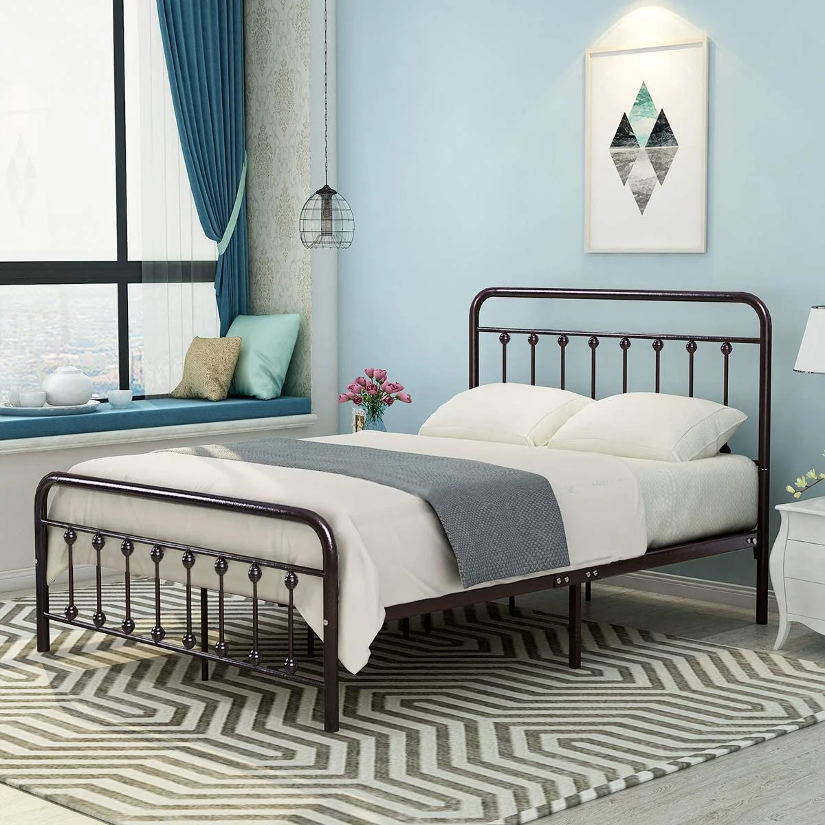 12 Inch Full Size Bed Frame Mattress Foundation Box Spring Replacement with Headboard Heavy Duty Metal Slat Support Ultra-Large Under Bed Storage, Brown