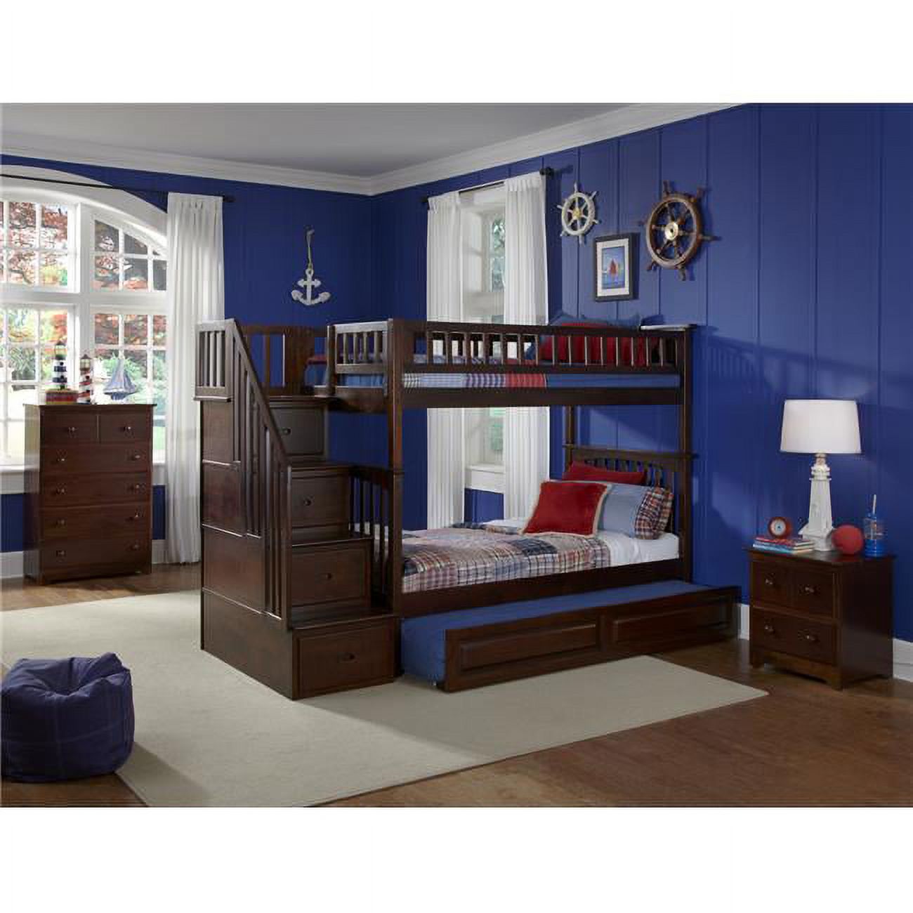 Columbia Staircase Bunkbed with Urban Trundle Bed - Antique Walnut, Twin Over Full Size