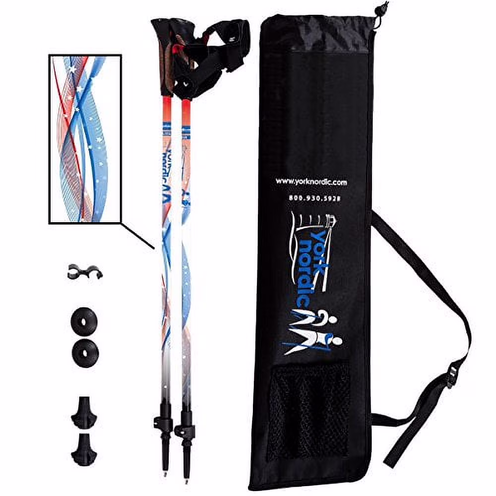 York Nordic Stars & Stripes Walking Poles - Red, White, and Blue Design - Choice of Grips - 2 Poles, Tips & Bag (Nordic)
