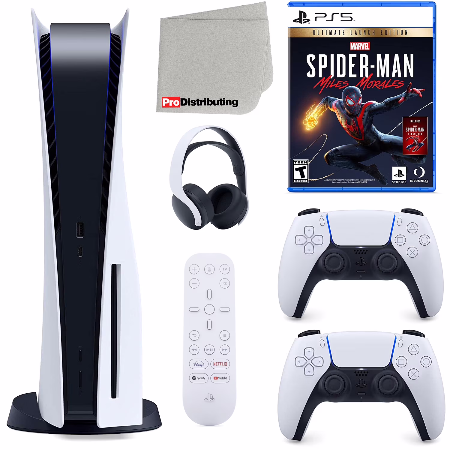 Sony Playstation 5 Disc Version (Sony PS5 Disc) with White Extra Controller, Headset, Media Remote, Marvel's Spider-Man: Miles Morales Ultimate Launch Edition and Microfiber Cleaning Cloth Bundle