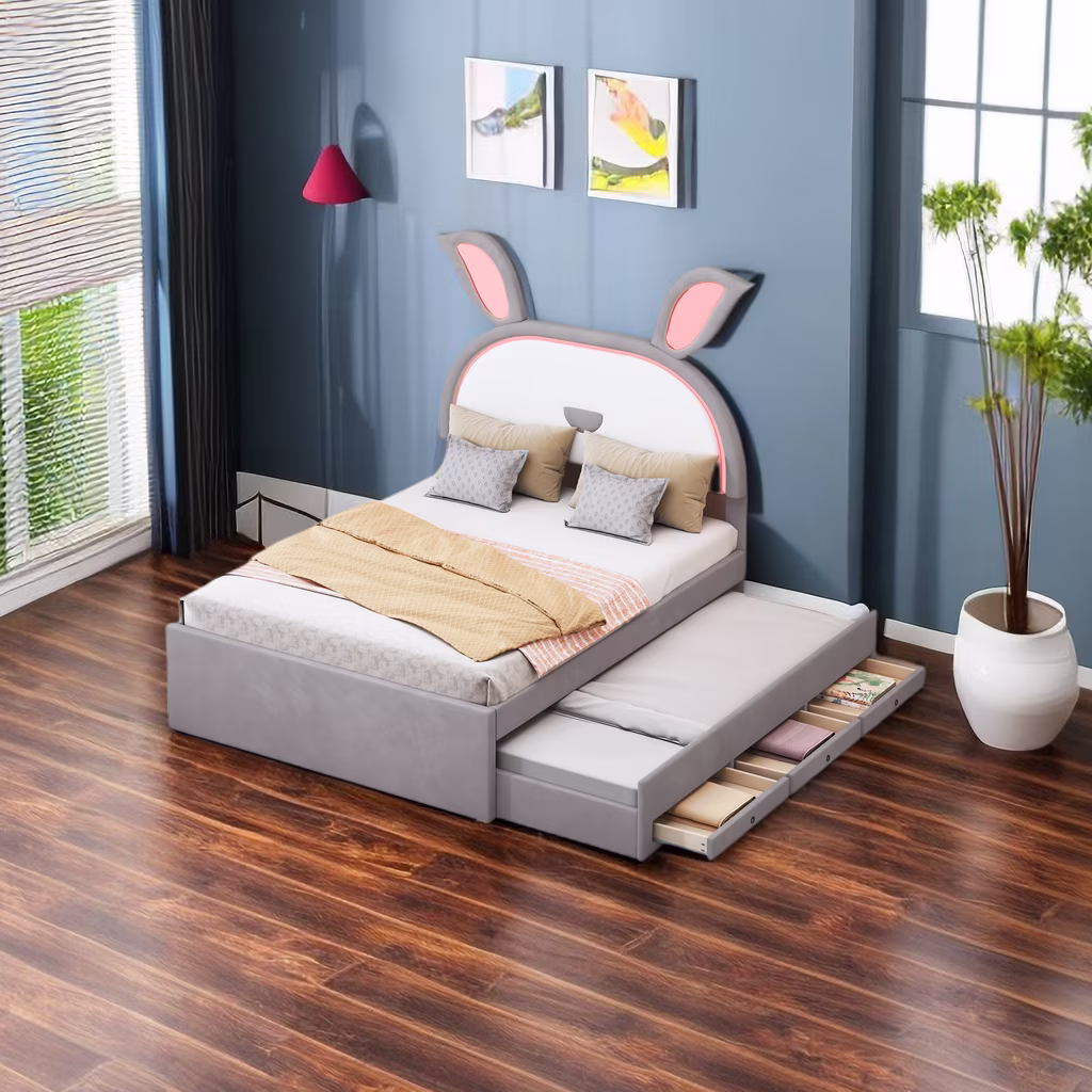 Full Size Upholstered Platform Bed with Trundle and 3 Drawers, Full Size Bed Frame with Rabbit-Shaped Headboard and Embedded LED Lights
