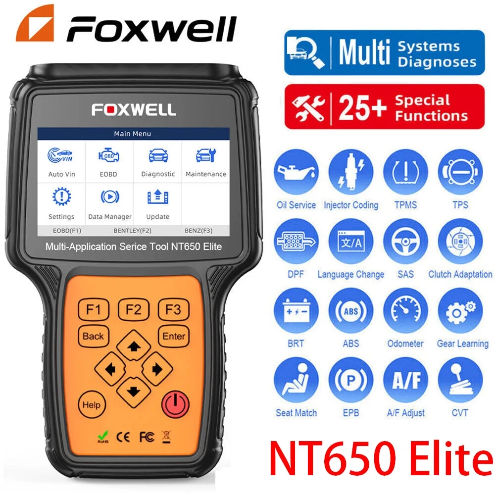 Foxwell NT650 Elite Car OBD2 Scanner ABS SRS Engine Code Reader ABS Bleeding EPB TPS Battery Oil Light Reset SAS Calibration 26 Maintenance Reset Services Automotive Diagnostic Tool
