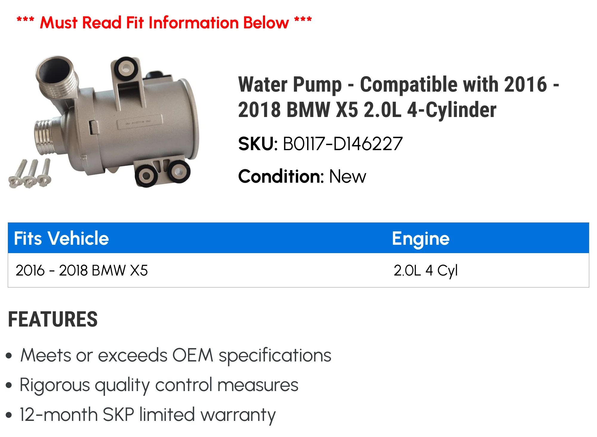 Water Pump - Compatible with 2016 - 2018 BMW X5 2.0L 4-Cylinder 2017
