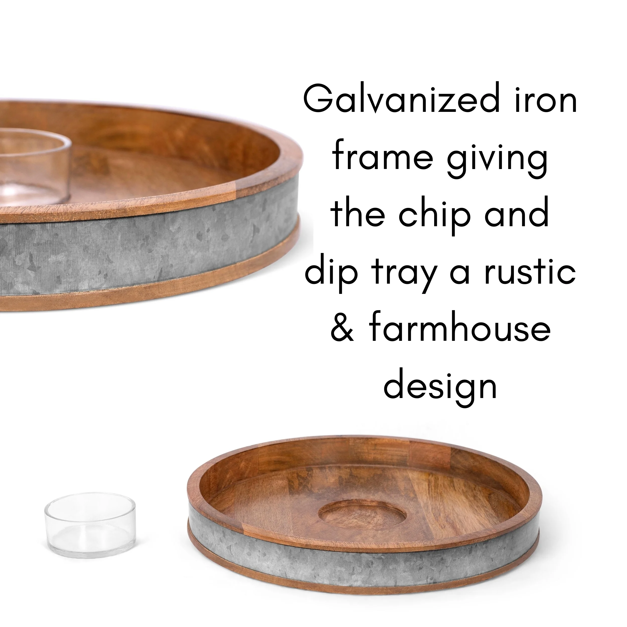 BirdRock Home Brown Wooden and Silver Iron Chip and Dip Serving Tray and Glass Bowl