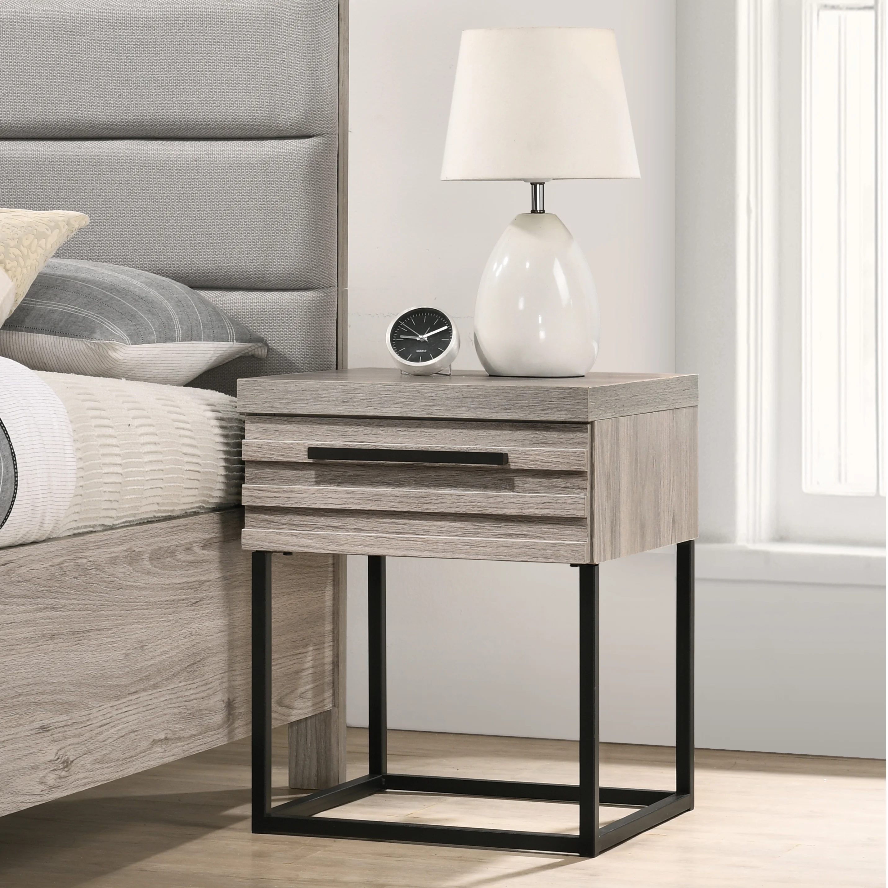Roundhill Furniture Alvear Upholstered Wood Panel Bed, Dresser, Mirror, and Nightstand, Weathered Gray, Queen