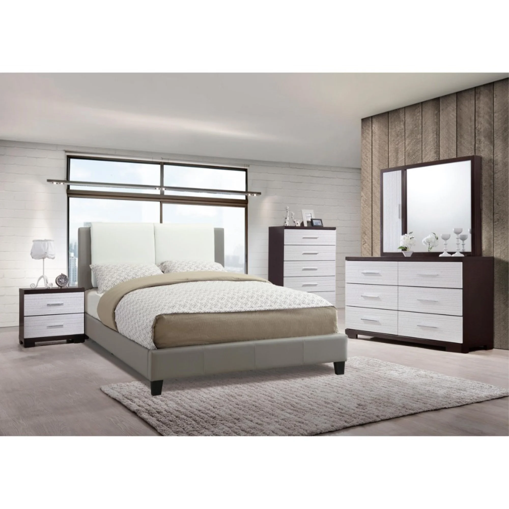 Elegant Wooden E.King Bed With White PU Head Board, Gray