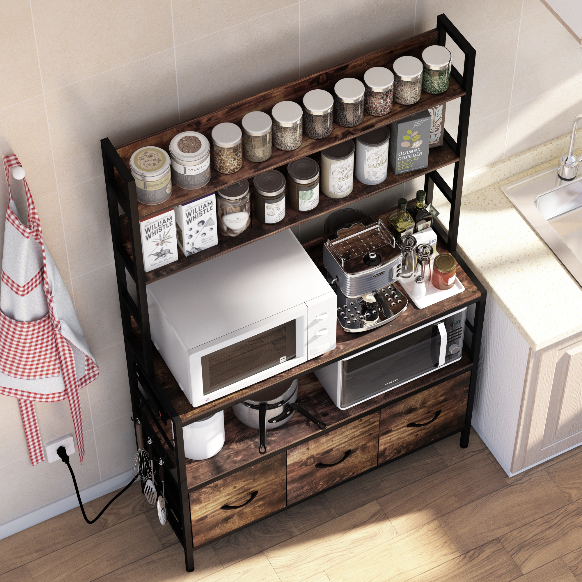 NAIYUFA Bakers Rack Large Capicity Brown 5-tier ,3 Pull Out Baskets Wood Kitchen Shelf with Power Outlets