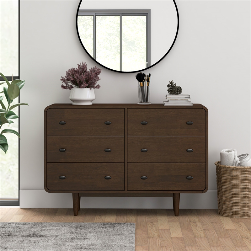 Pemberly Row Mid-Century 6-Drawer Double-Dresser Solid Wood in Brown