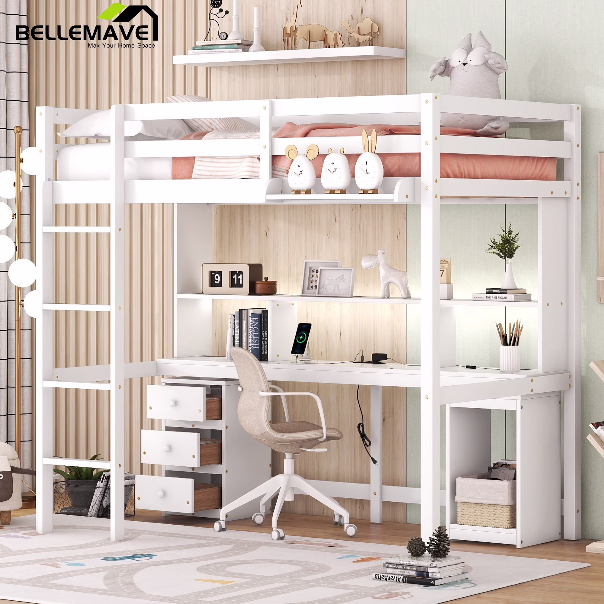 Bellemave Twin Loft Bed with Desk, Cabinet and Drawers Wooden Loft Bed with Charging Station and LED Light Twin Bed Frame with Storage Shelves and Guardrails for Kids, Teens, (Twin, White)
