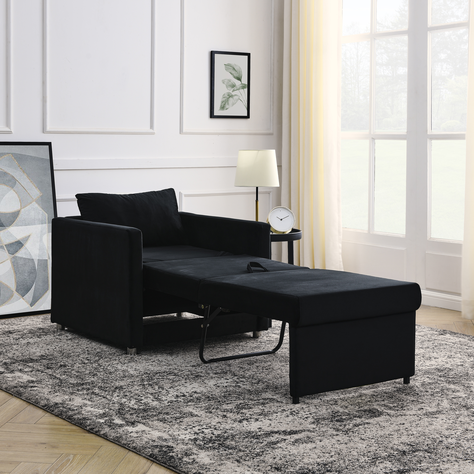 Sofa Bed Chair 2-in-1 Convertible Chair Bed, Lounger Sleeper Chair for Small Space with One Pillow, Black Velvet