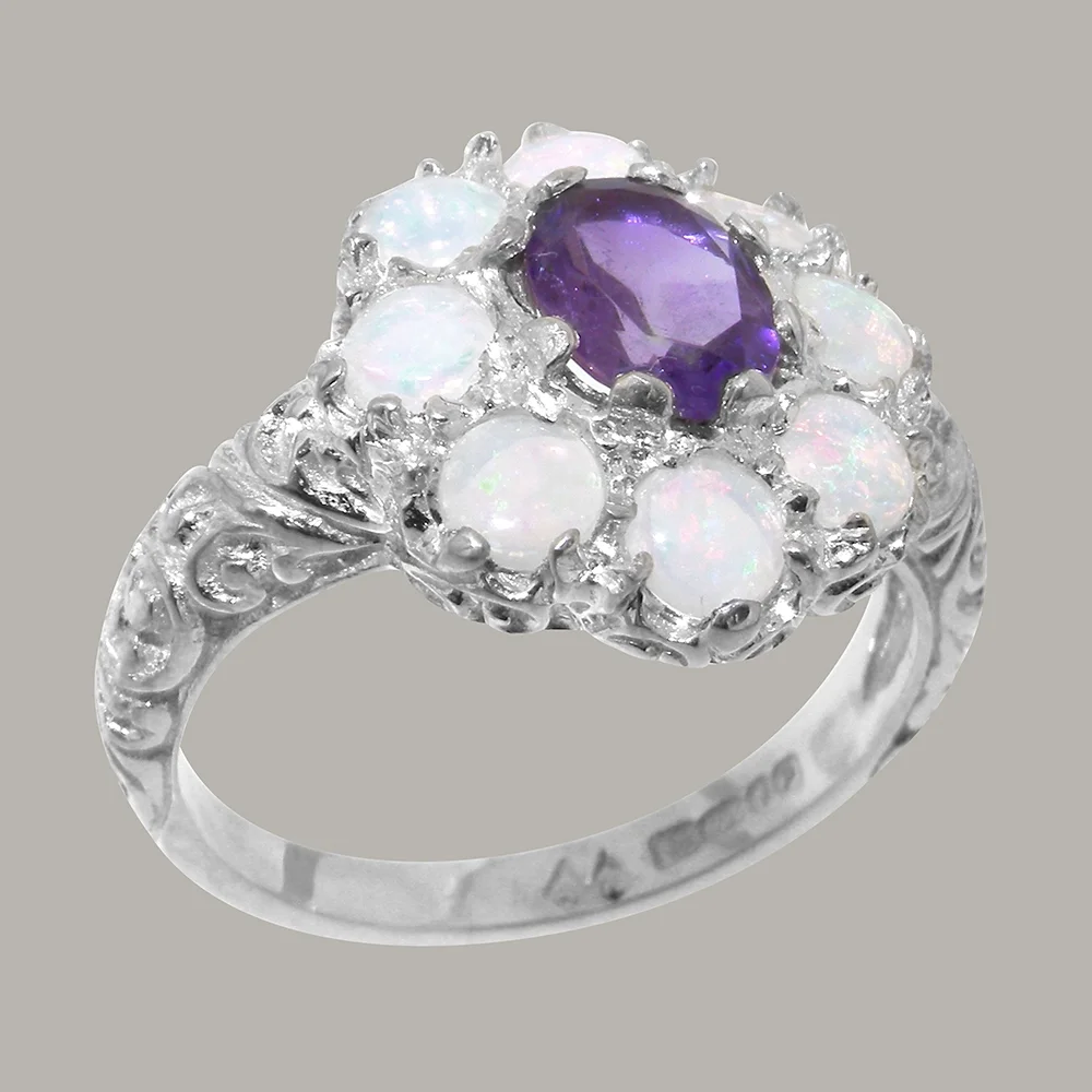LBG British Made 18k White Gold Natural Amethyst & Opal Womens Statement Ring - 33 size options - Size 10