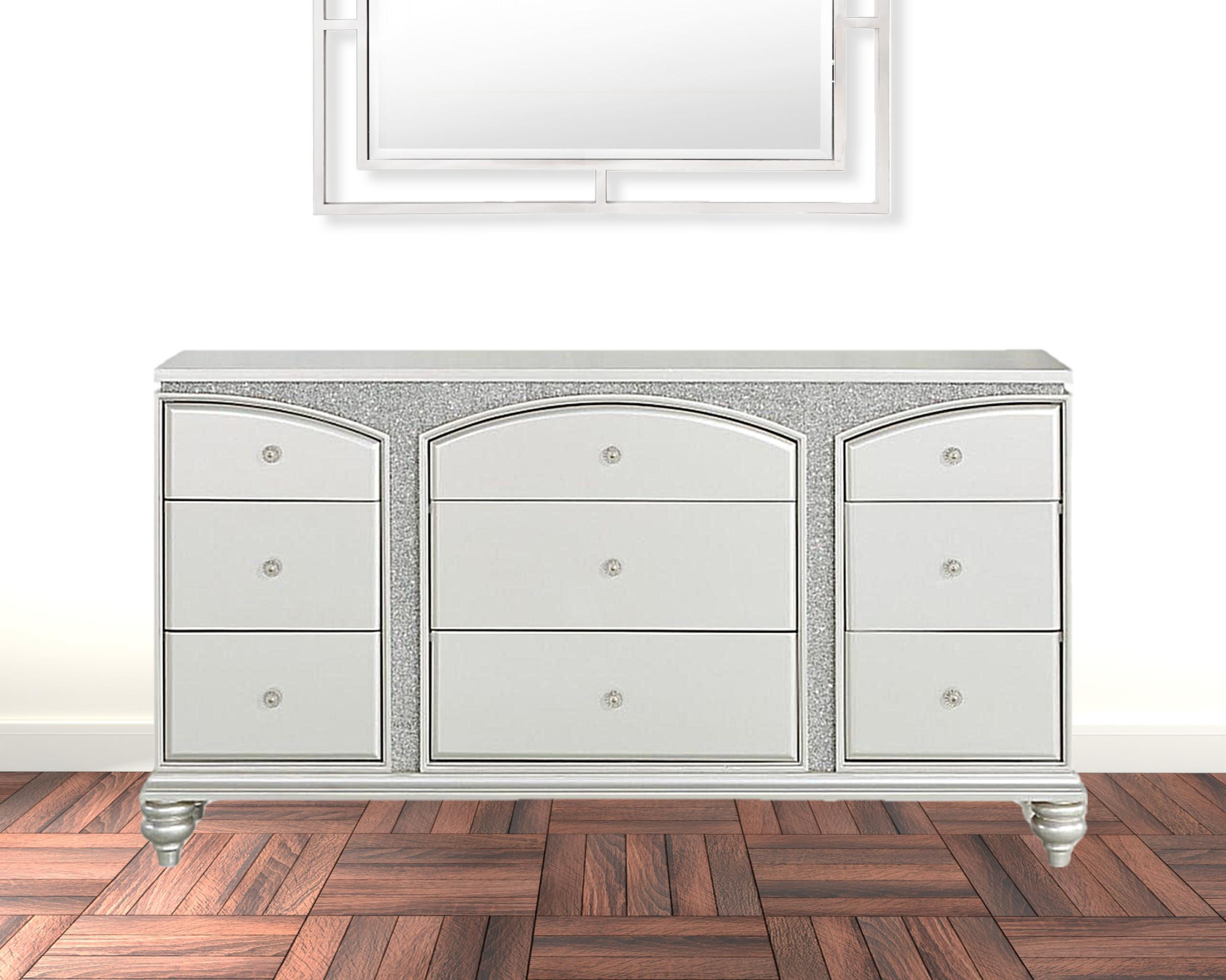 HomeRoots 490459 36 x 66 x 17 in. Platinum Manufactured Wood Nine Drawers Standard Dresser