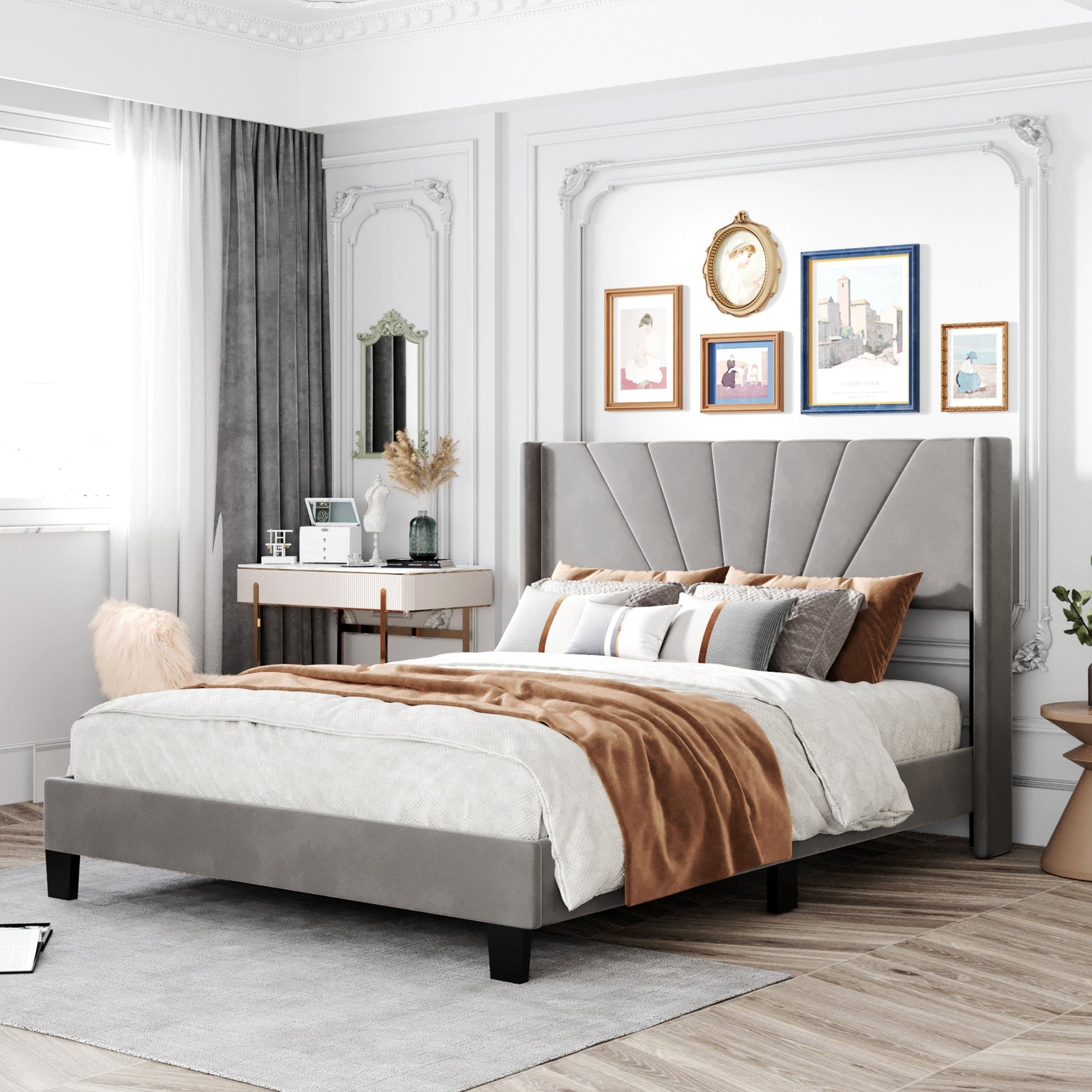 Queen Wood Frame Platform Bed with Upholstered Headboard Beige