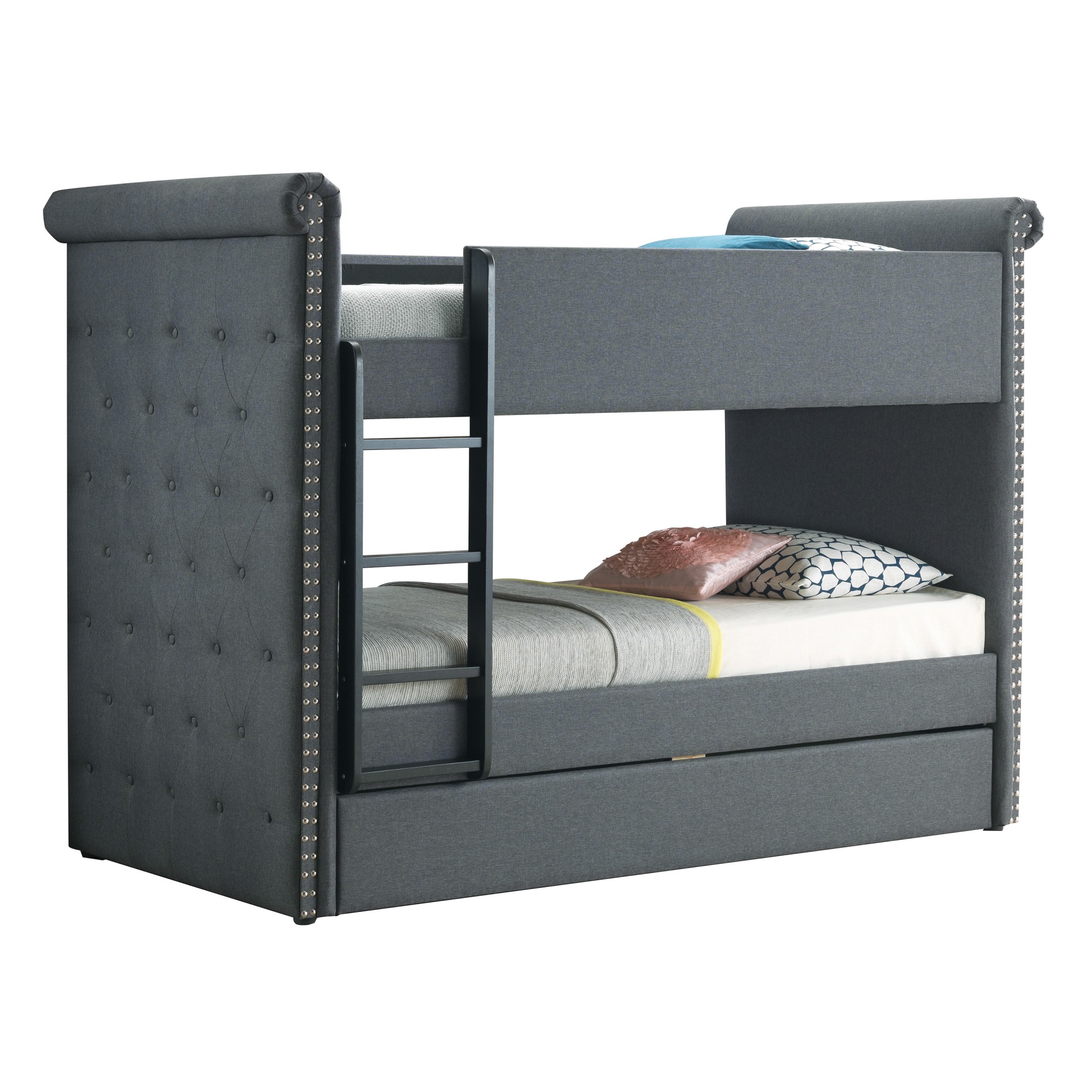 Chesterfield Design Twin Size Bunk Bed with Nailhead Trim, Gray and Black