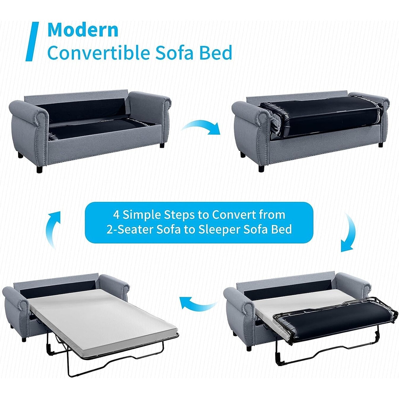 Mixoy Pull Out 2 in 1 Sleeper Sofa Bed with Mattress,Convertible Upholstered Loveseat with Nailhead Queen Size - Grey