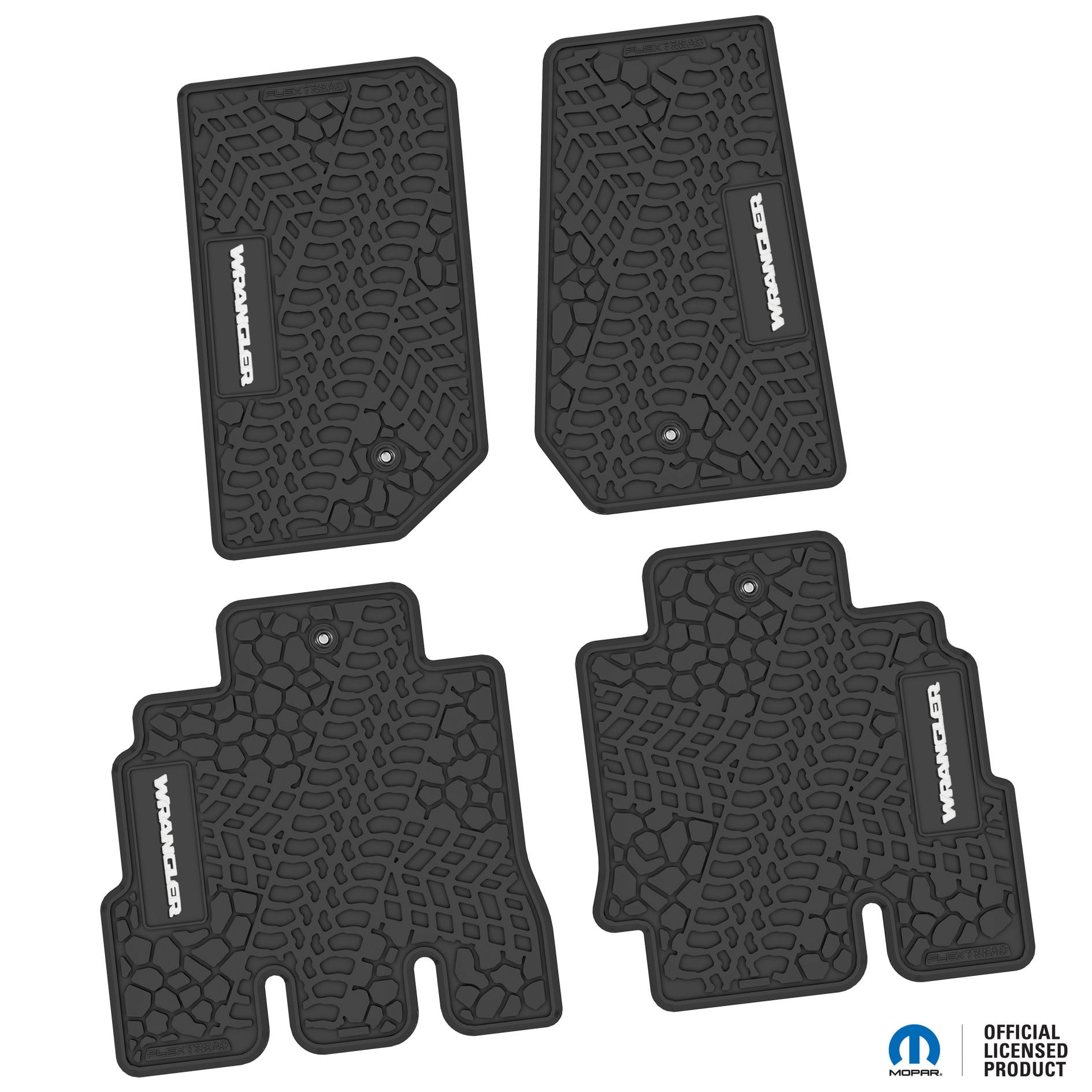 Jeep Floor Mats 07-13 Jeep Wrangler JKU 4 Dr 4 Piece Tire Tread/Scorched Earth Scene w/ Wrangler Insert - Black w/ White Insert FlexTread