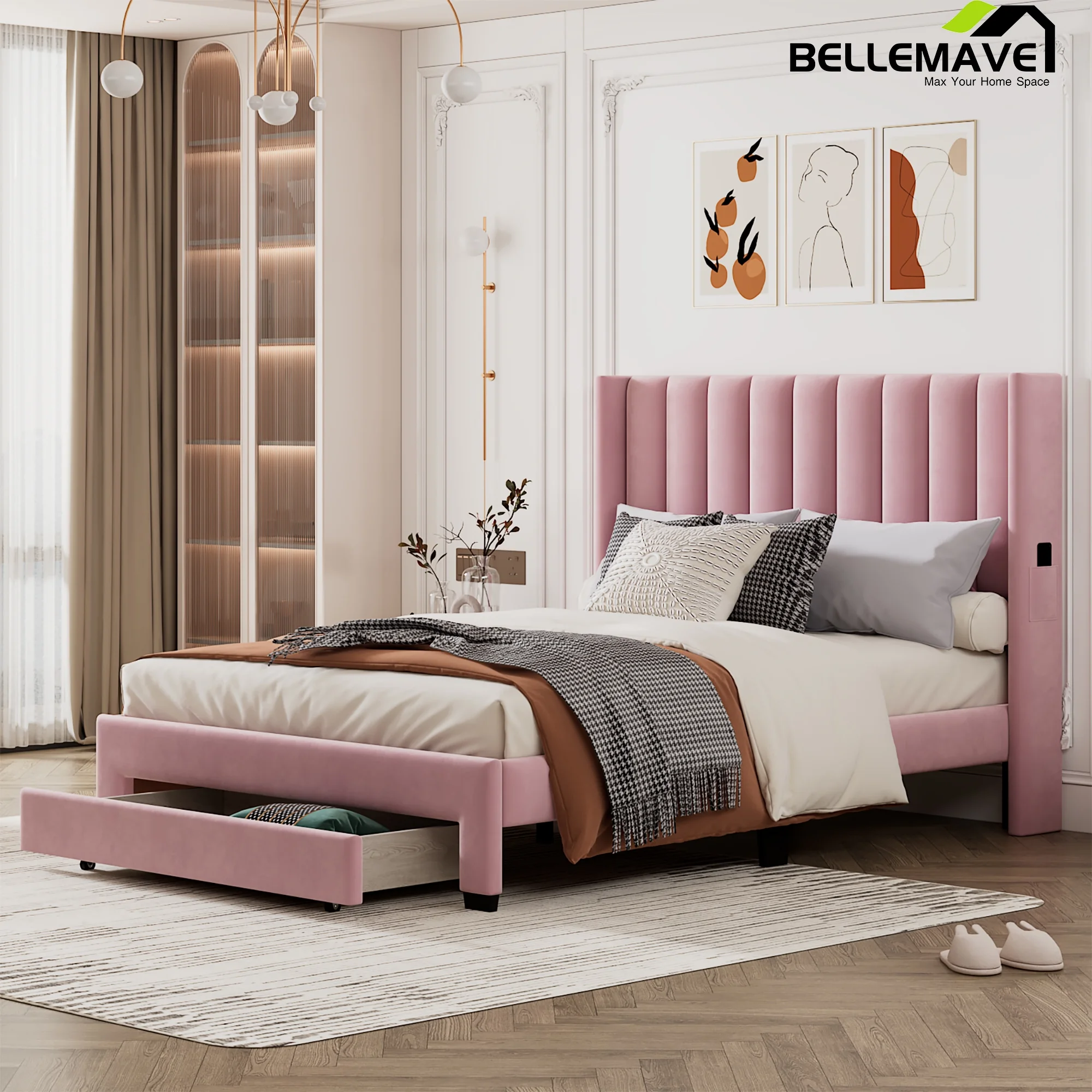 Bellemave Queen Size Pink Velvet Upholstered Wood Platform Bed with a Big Drawer and Soft Headboard