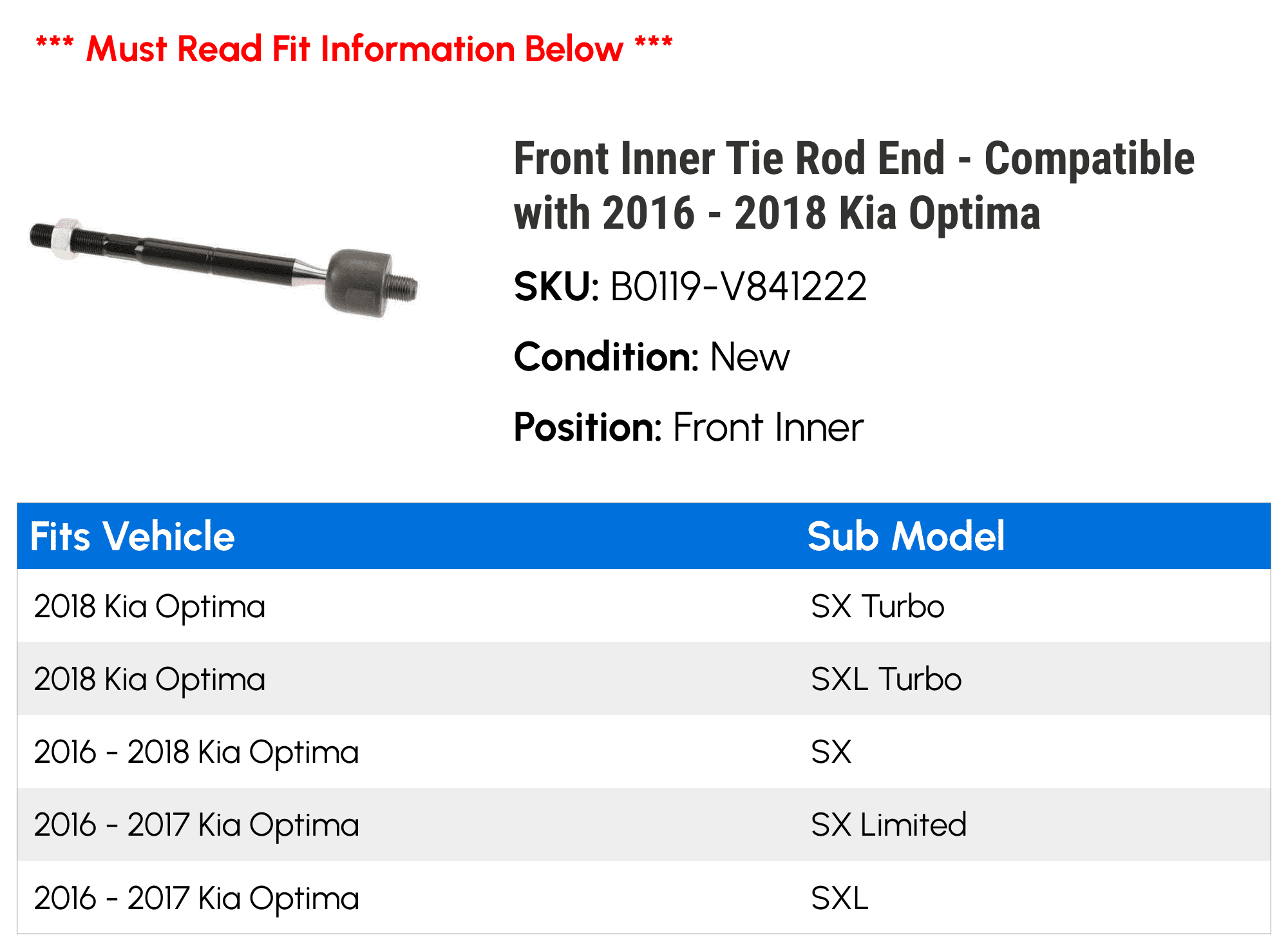 Front Inner Tie Rod End - Compatible with 2016 - 2018 Kia Optima 2017