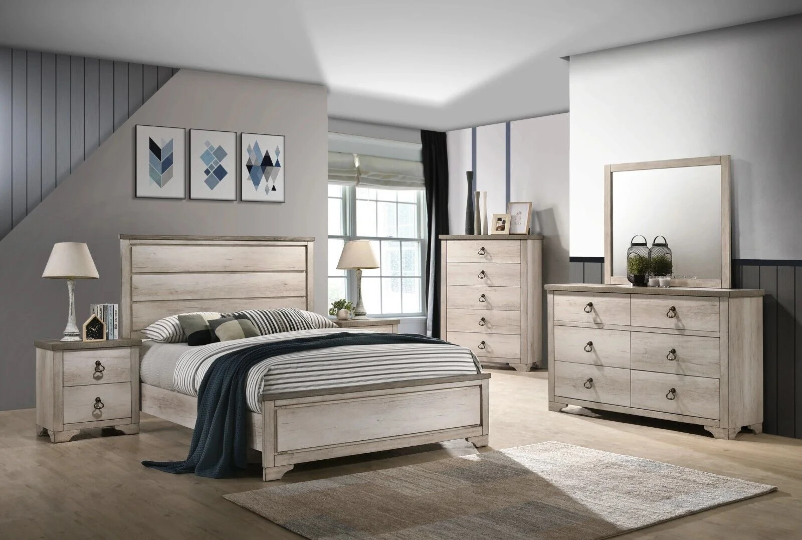 Rustic Style 6pc Panel Queen Size Bed Dresser Mirror 2x Nightstands Chest Set Beige Finish Wooden Bedroom Furniture