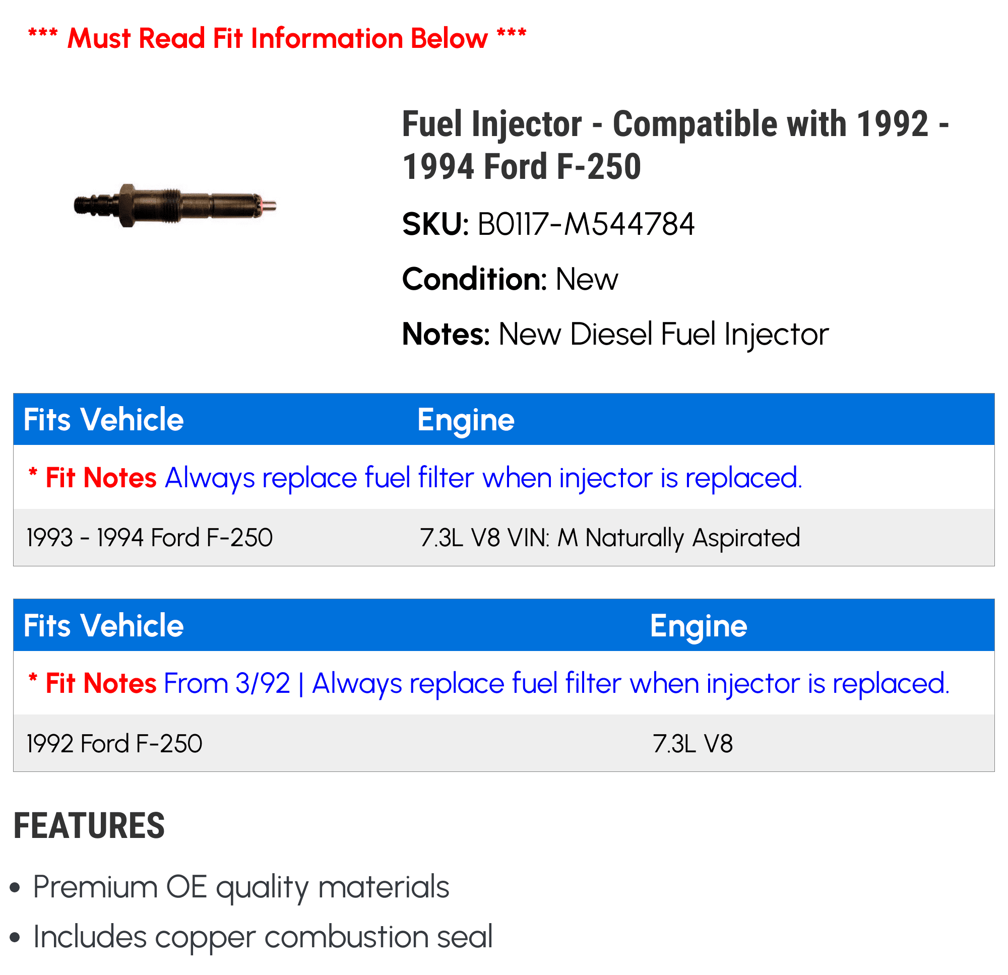 Fuel Injector - Compatible with 1992 - 1994 Ford F-250 1993